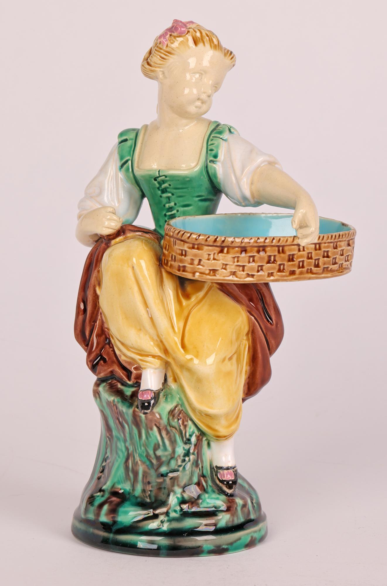 Mid-19th Century Minton Majolica Pottery Girl Harvester Figurine 1864  For Sale
