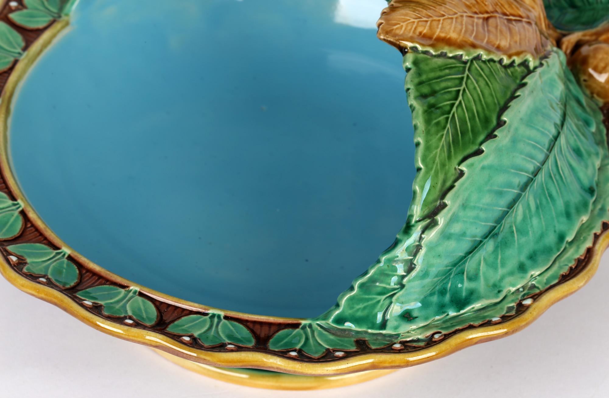 Hand-Painted Minton Majolica Pottery Pedestal Chestnut Dish Dated 1867