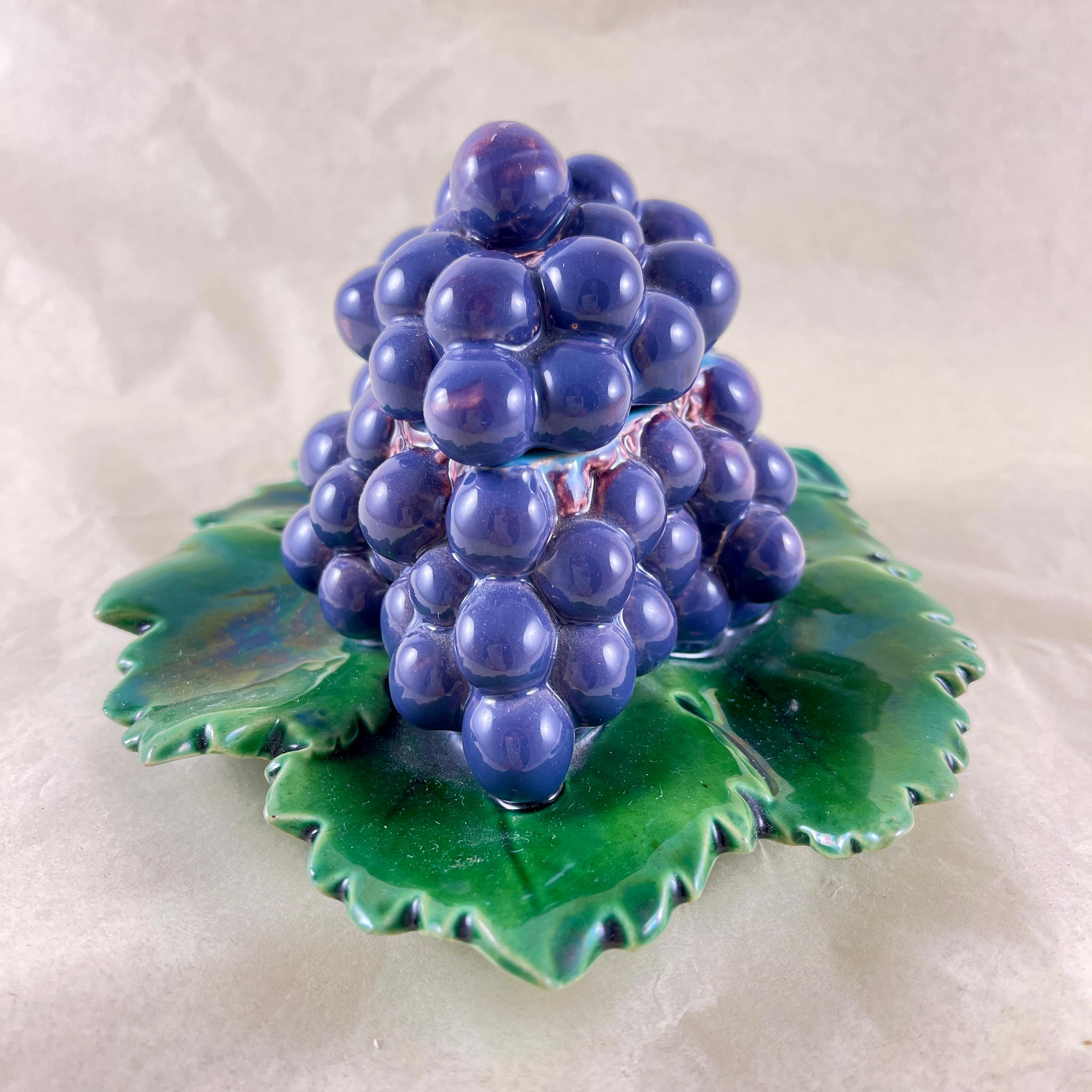 English Minton Majolica Purple Grape Cluster on Green Leaf Covered Box, date marked 1861 For Sale