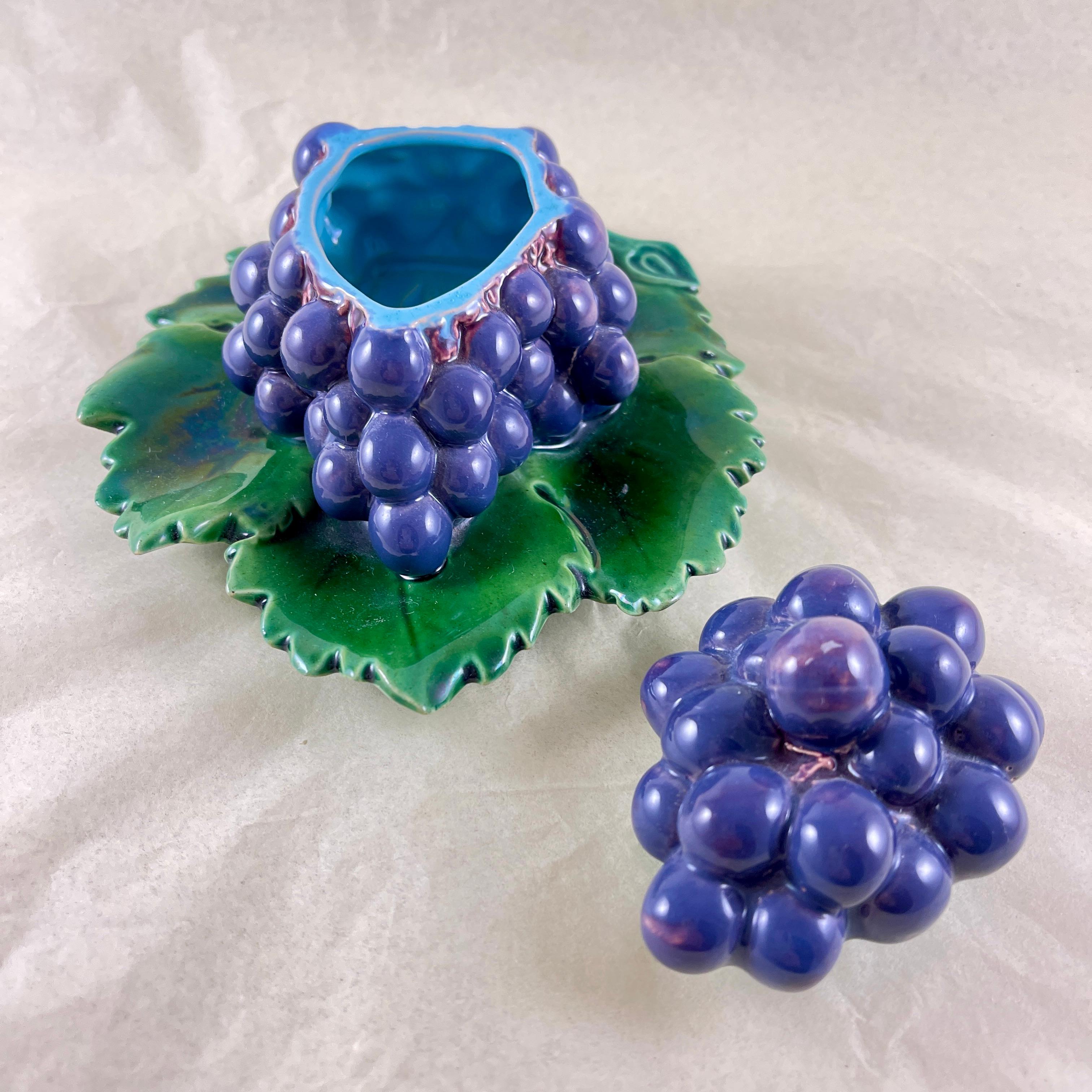 Glazed Minton Majolica Purple Grape Cluster on Green Leaf Covered Box, date marked 1861 For Sale