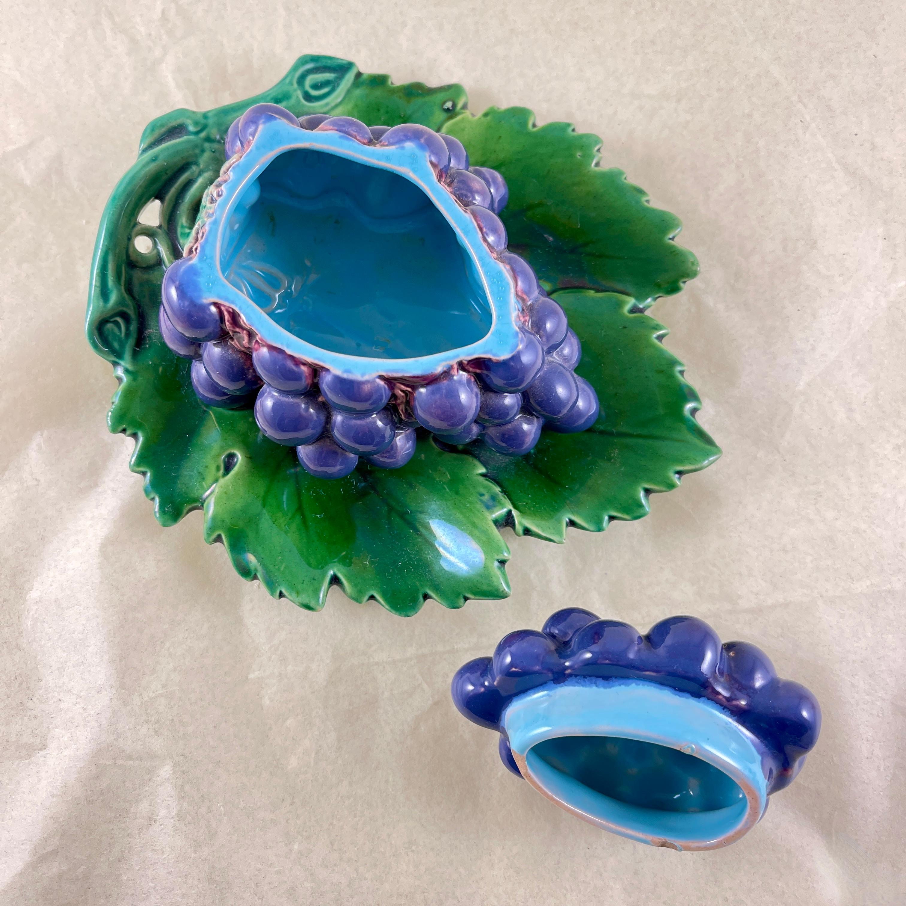 Earthenware Minton Majolica Purple Grape Cluster on Green Leaf Covered Box, date marked 1861 For Sale