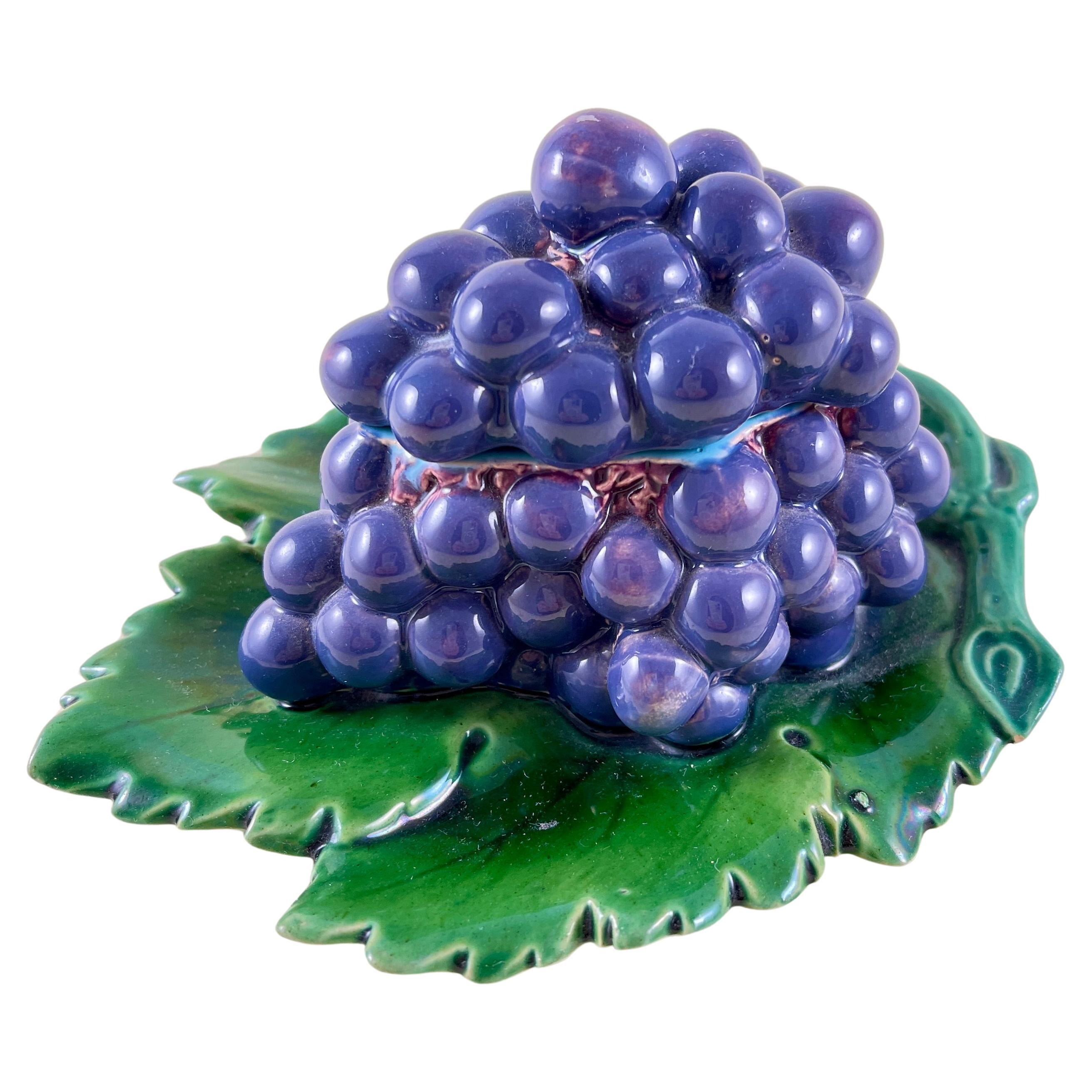Minton Majolica Purple Grape Cluster on Green Leaf Covered Box, date marked 1861 For Sale