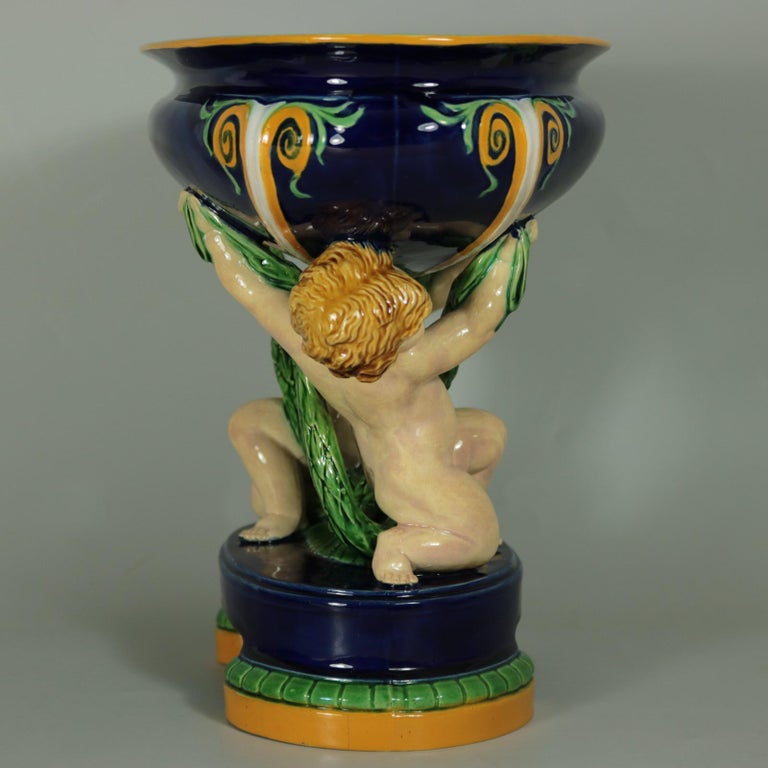 Victorian Minton Majolica Putti Figural Bowl For Sale