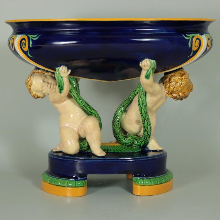 Glazed Minton Majolica Putti Figural Bowl For Sale