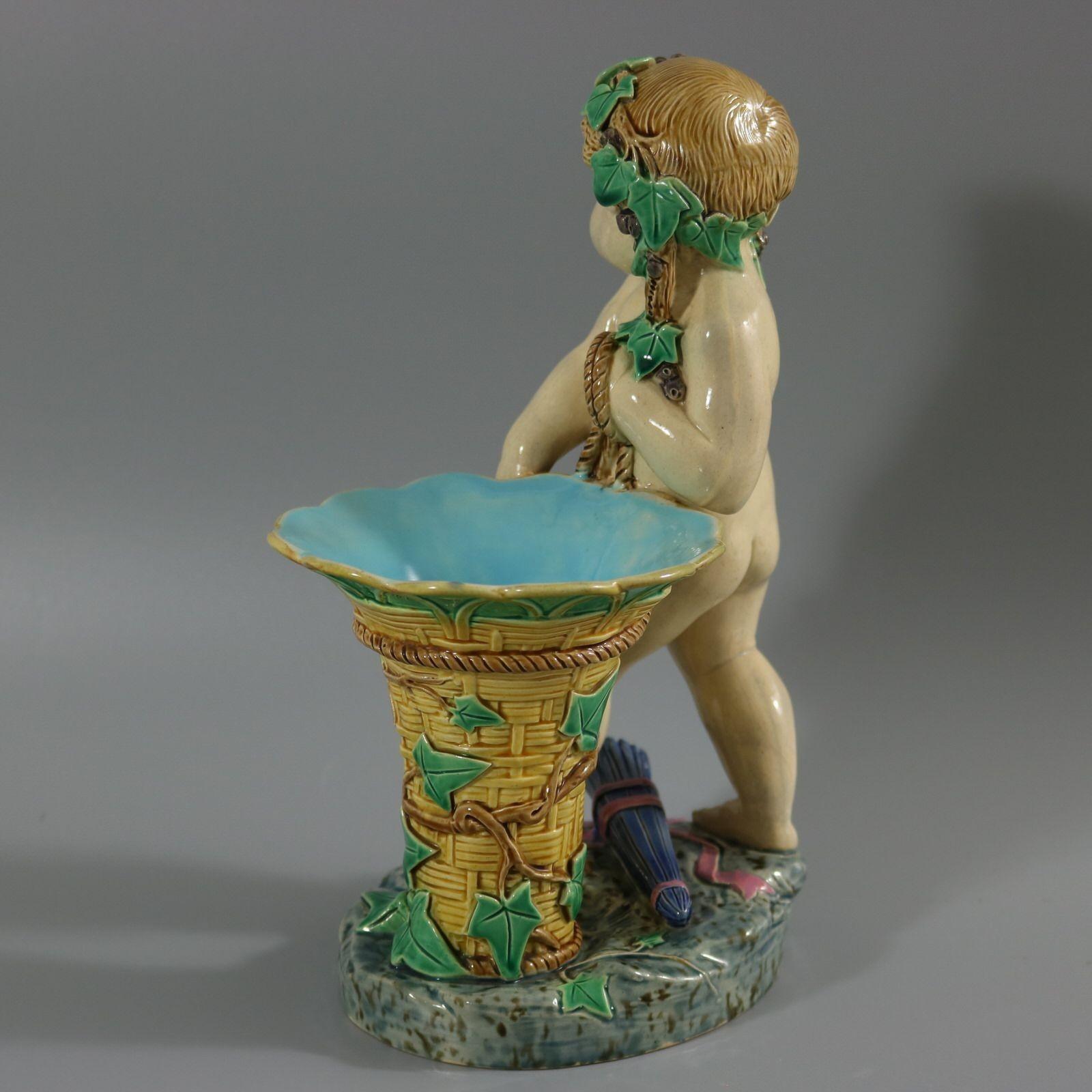 Minton Majolica Putti with Basket Vase In Good Condition For Sale In Chelmsford, Essex