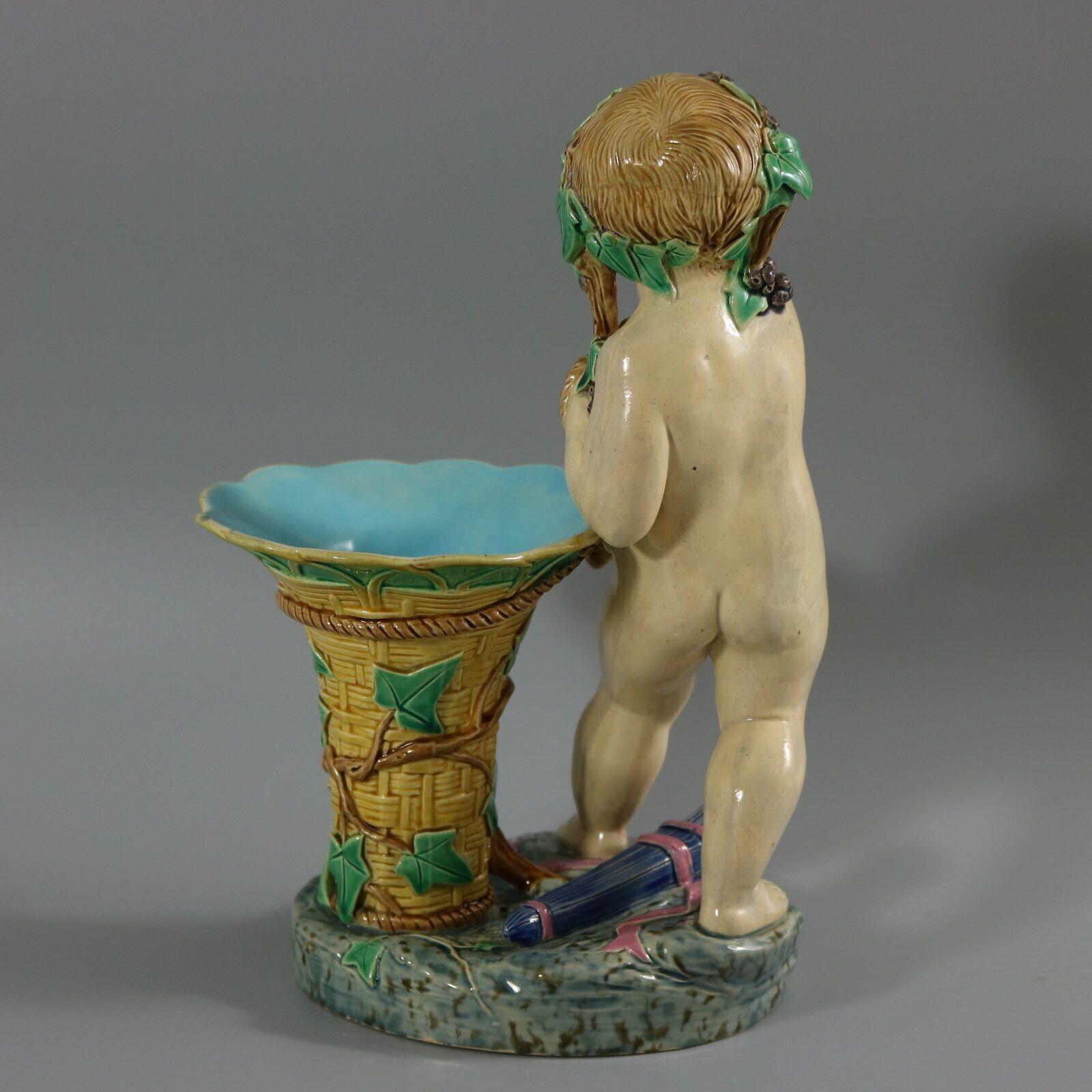 Mid-19th Century Minton Majolica Putti with Basket Vase For Sale