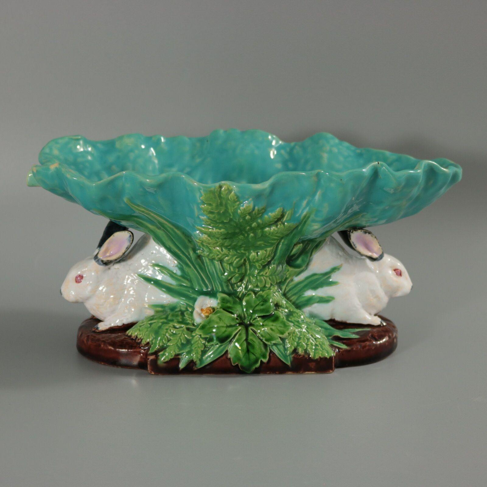 English Minton Majolica Rabbits with Leaf Dish For Sale