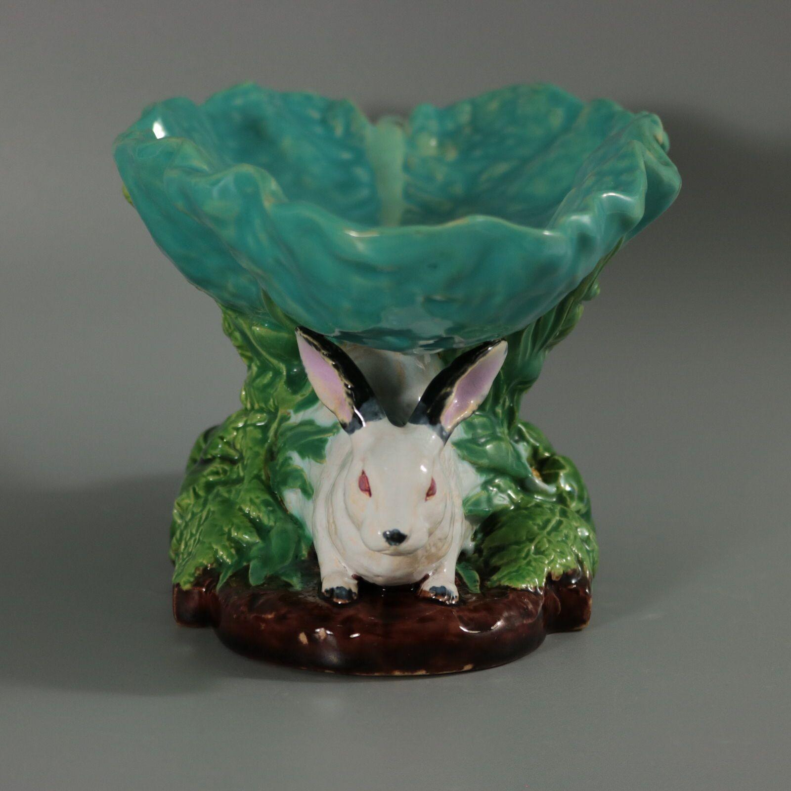 Late 19th Century Minton Majolica Rabbits with Leaf Dish For Sale