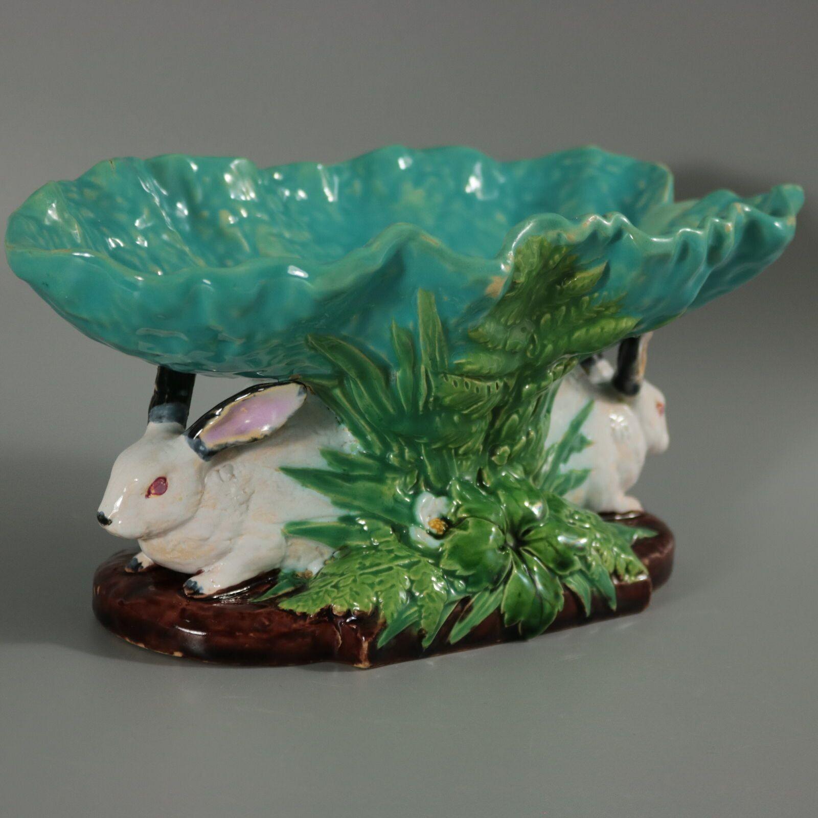 Minton Majolica Rabbits with Leaf Dish For Sale 1