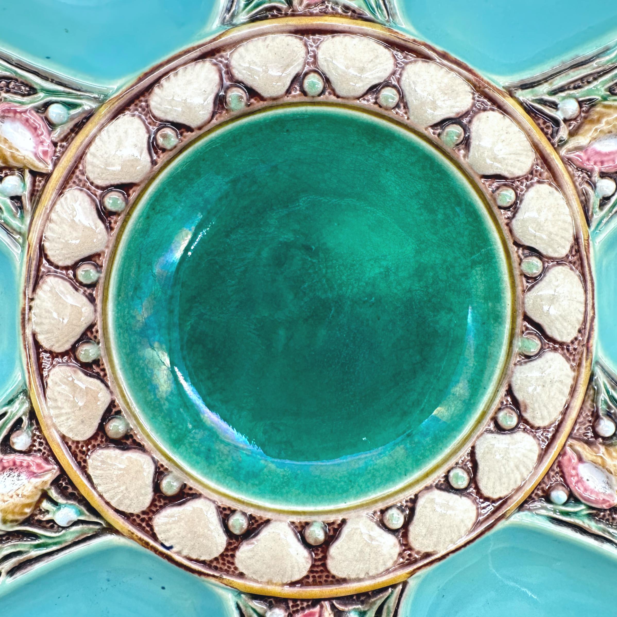 English Minton Majolica Seafoam Green Oyster Plate, Shells and Seaweed, Dated 1875