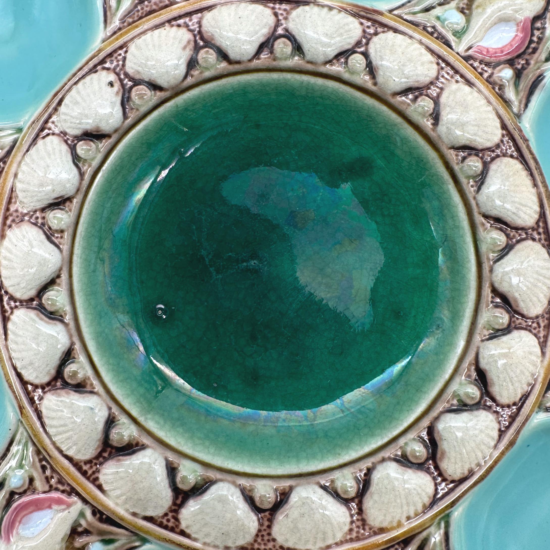 Molded Minton Majolica Seafoam Green Oyster Plate, Shells and Seaweed, Dated 1875