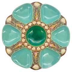 Antique Minton Majolica Seafoam Green Oyster Plate, Shells and Seaweed, Dated 1875