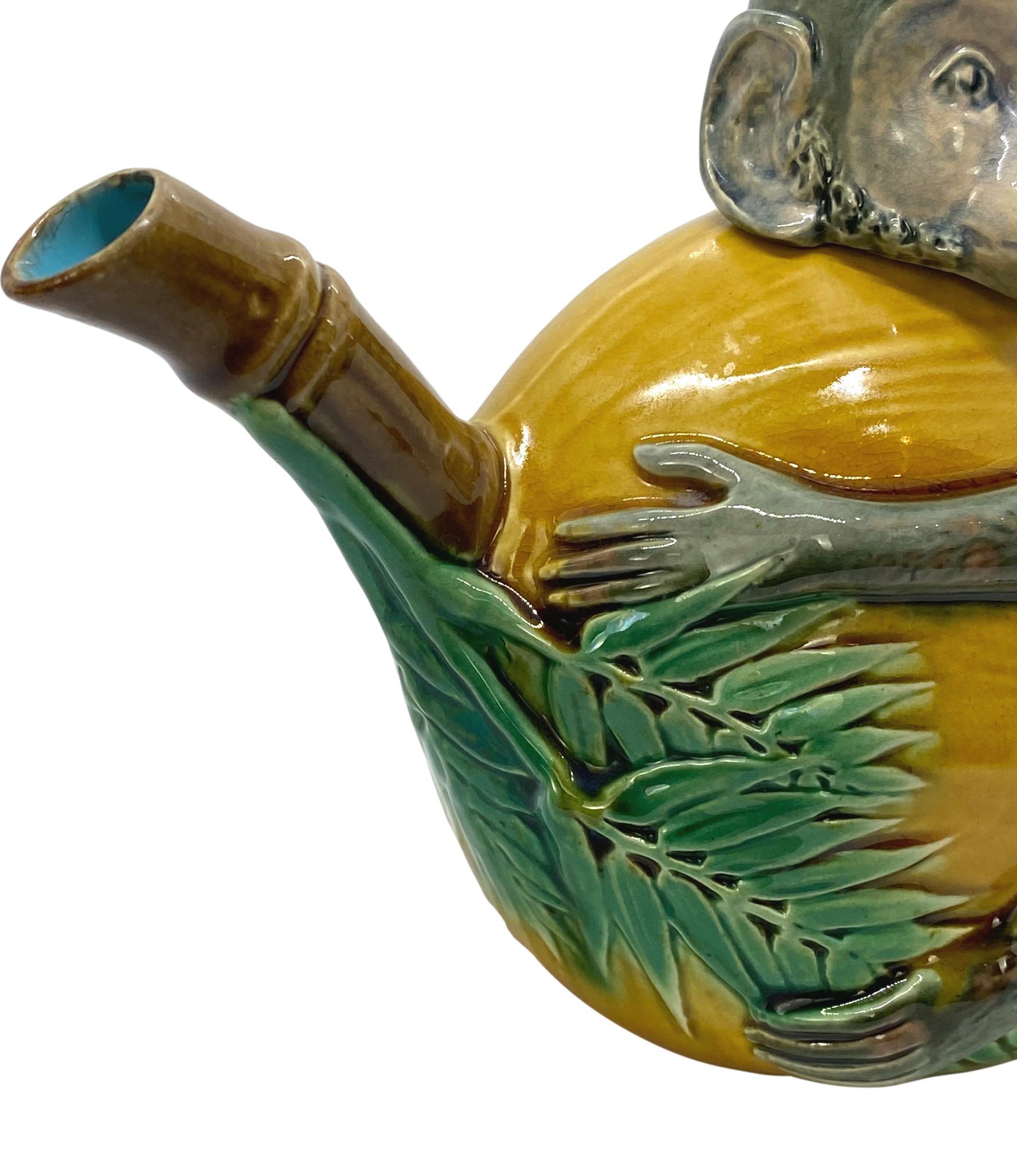 19th Century Minton Majolica Teapot, Beautifully Glazed Monkey with a Coconut, Dated 1874