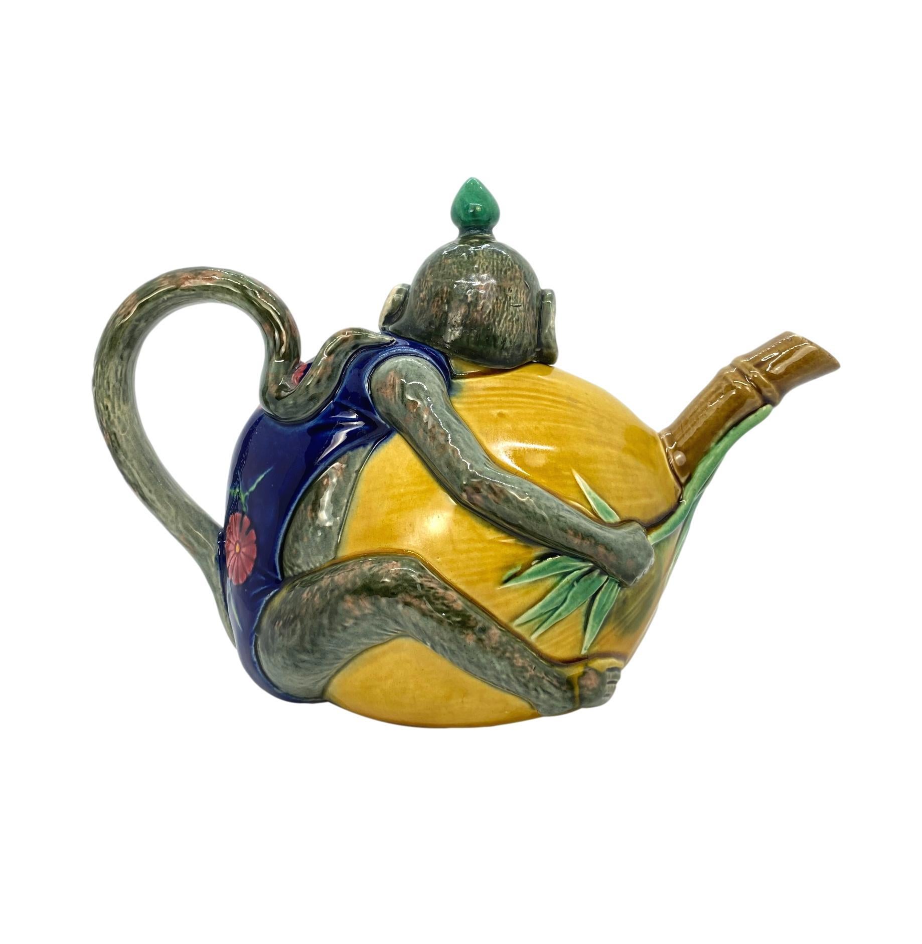 Minton Majolica teapot, beautifully and vibrantly glazed monkey with a coconut, dated 1874. This piece embodies all the hallmarks of the unrivaled best, Minton Majolica: the absolute highest quality, purist glazes--and particularly in this