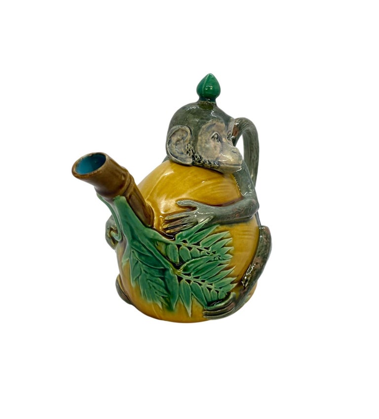 Minton Majolica Teapot, Beautifully Glazed Monkey with a Coconut, Dated