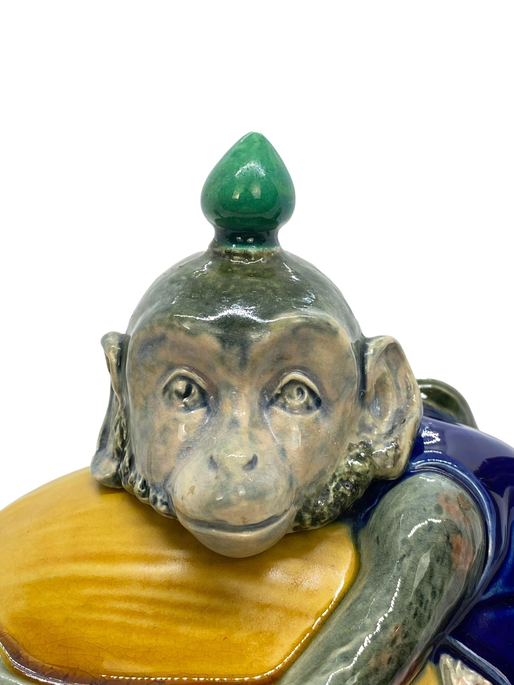 Molded Minton Majolica Teapot, Beautifully Glazed Monkey with a Coconut, Dated 1874