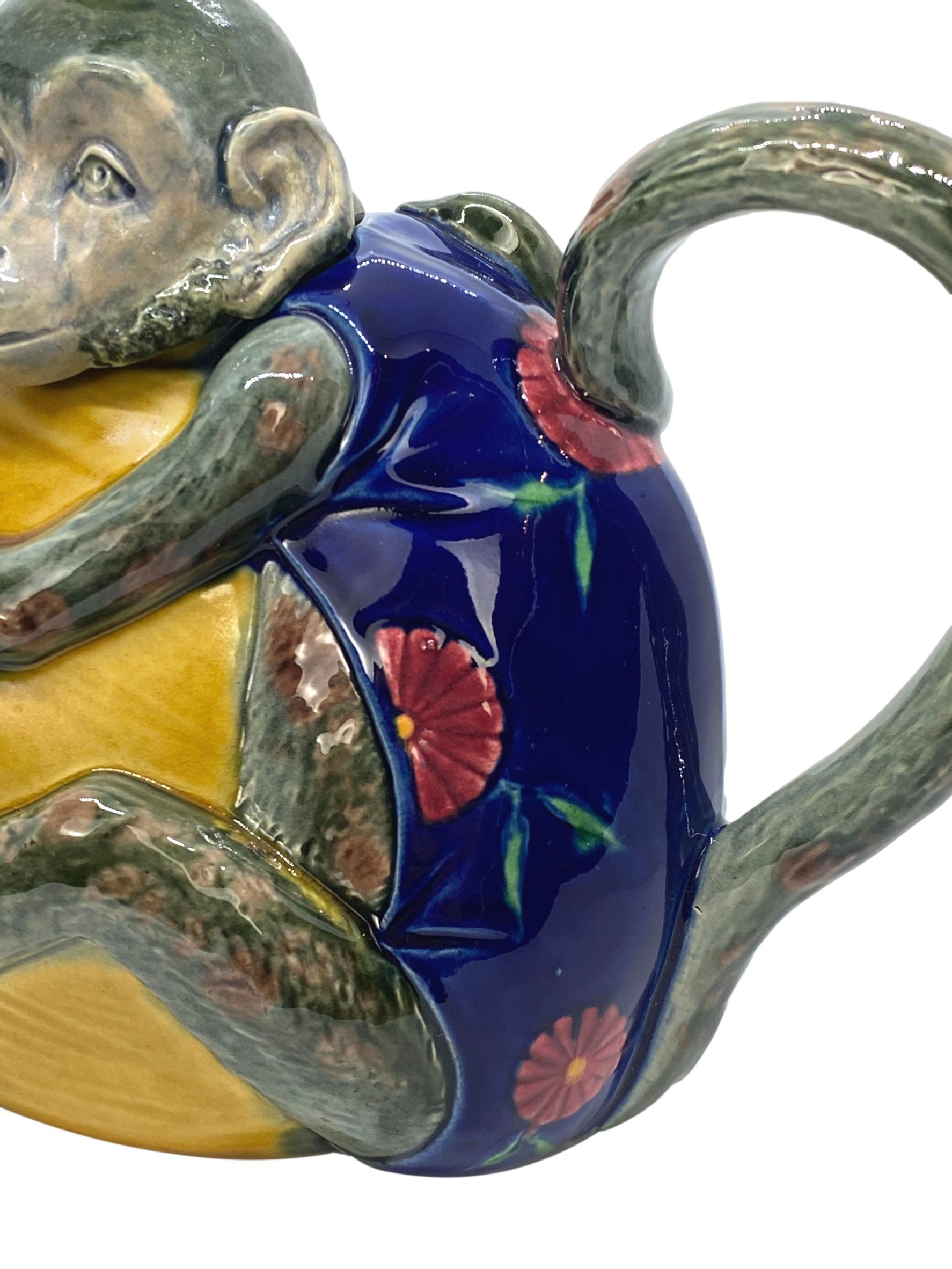 Minton Majolica Teapot, Beautifully Glazed Monkey with a Coconut, Dated 1874 In Good Condition In Banner Elk, NC