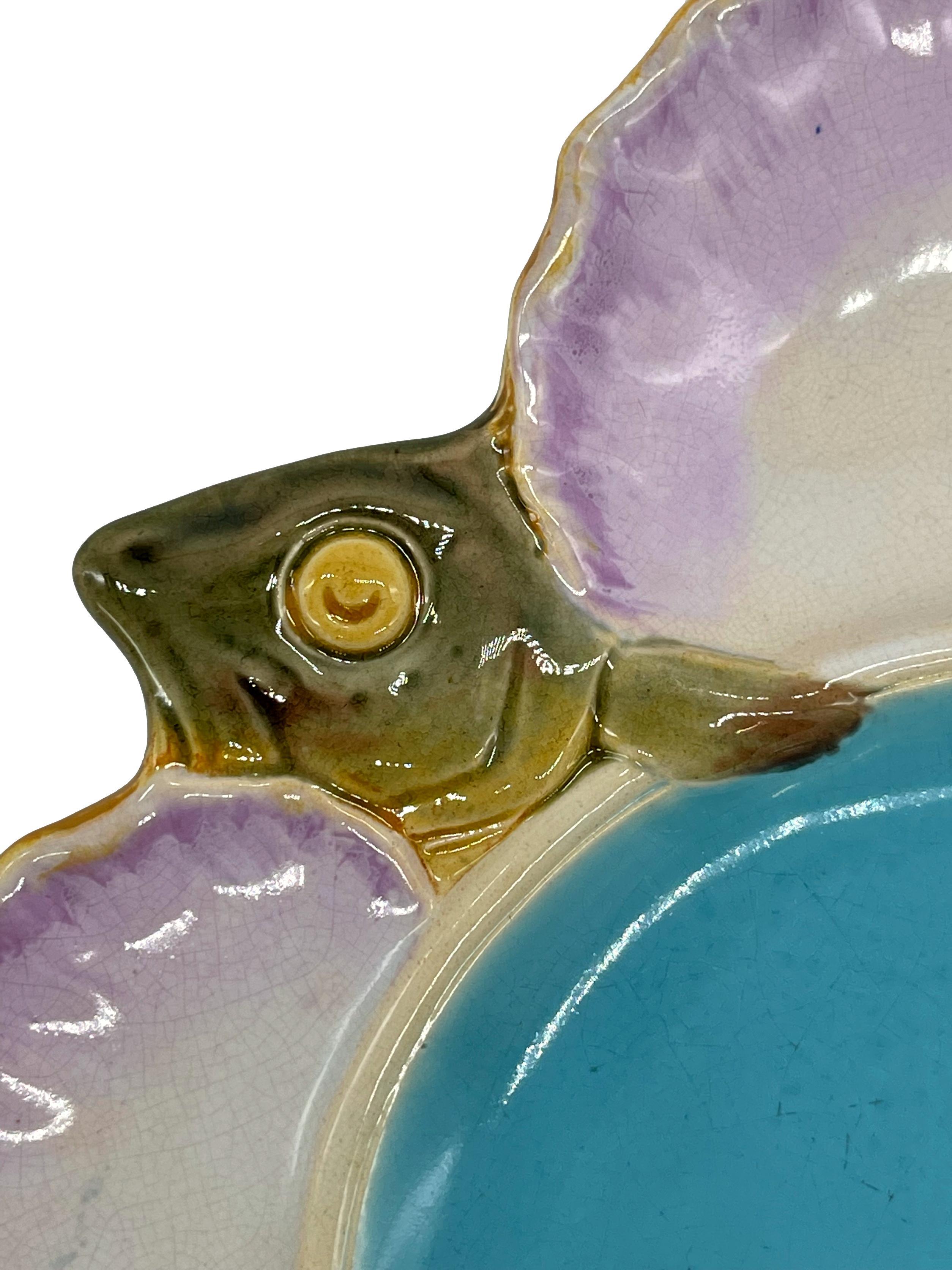 Victorian Minton Majolica Trefoil Fish Plate, Turquoise and Marbled Pinks, Dated 1875