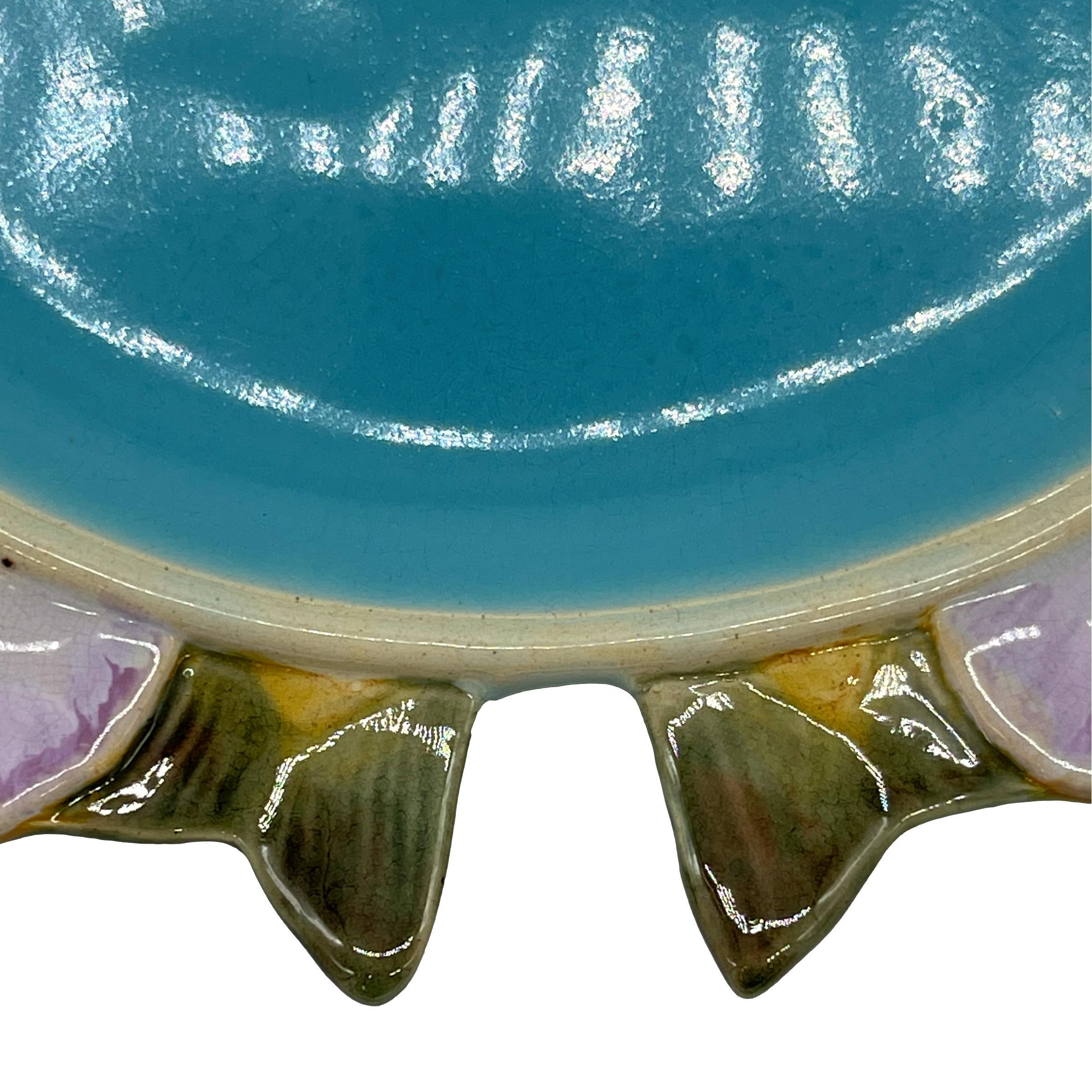 Molded Minton Majolica Trefoil Fish Plate, Turquoise and Marbled Pinks, Dated 1875
