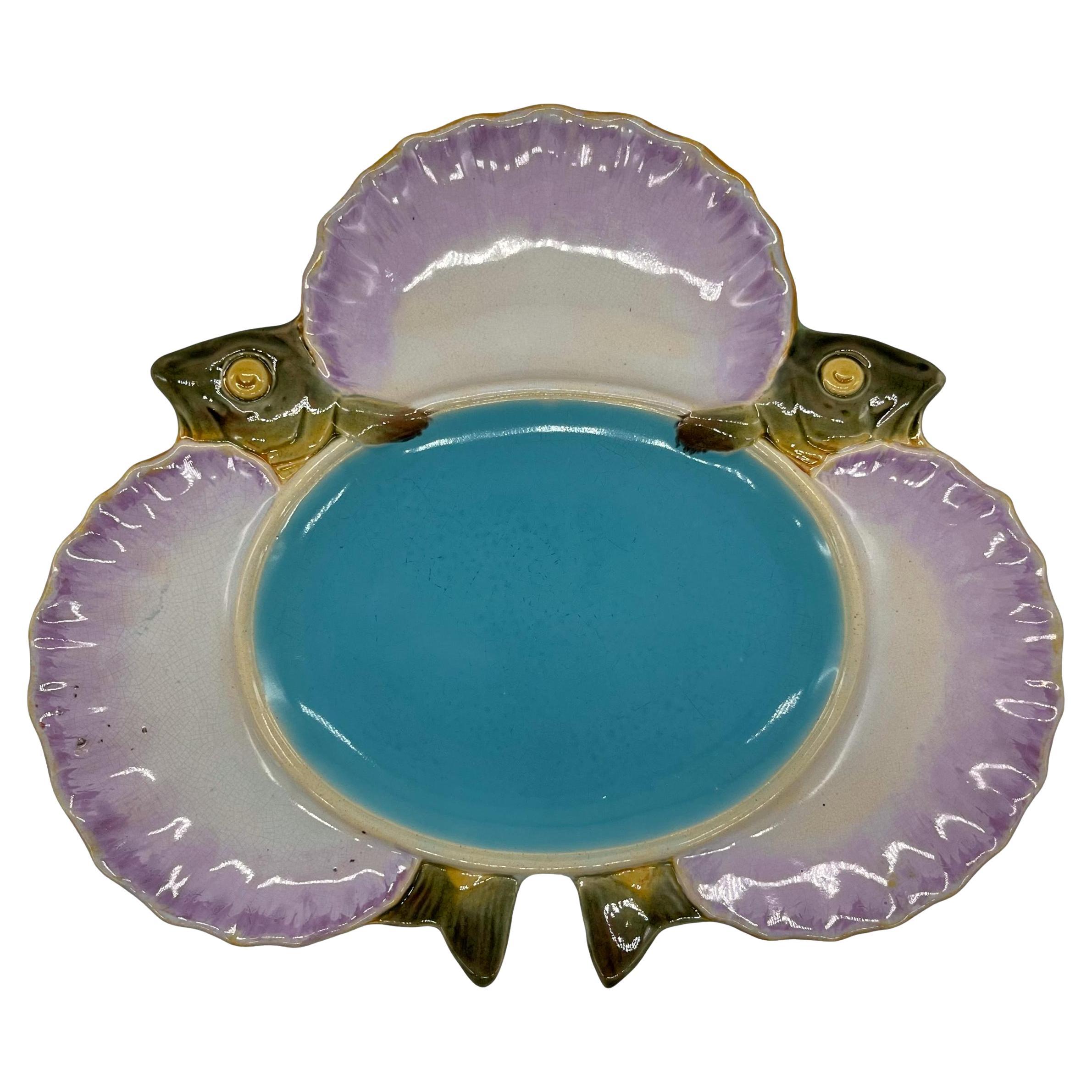 Minton Majolica Trefoil Fish Plate, Turquoise and Marbled Pinks, Dated 1875