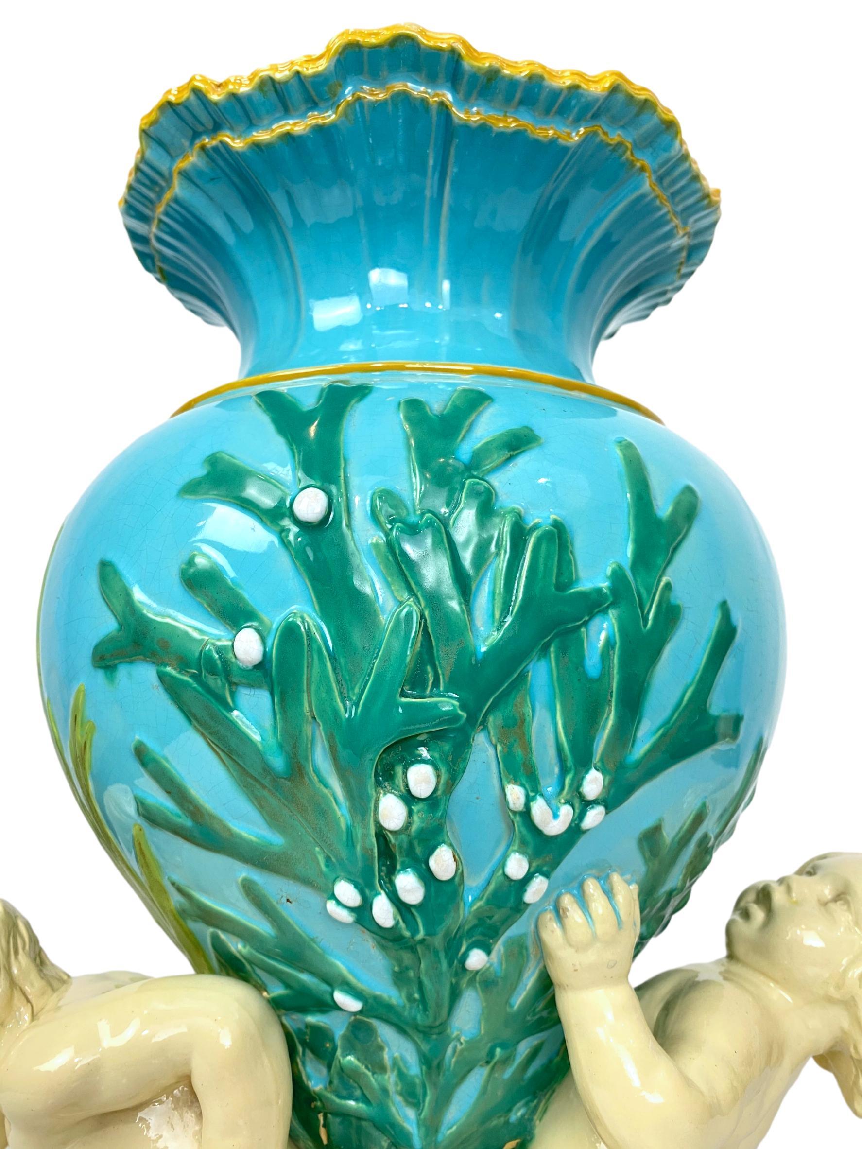 Minton Majolica Triton Marine Vase in Green, Turquoise, and Pink, ca. 1855 3