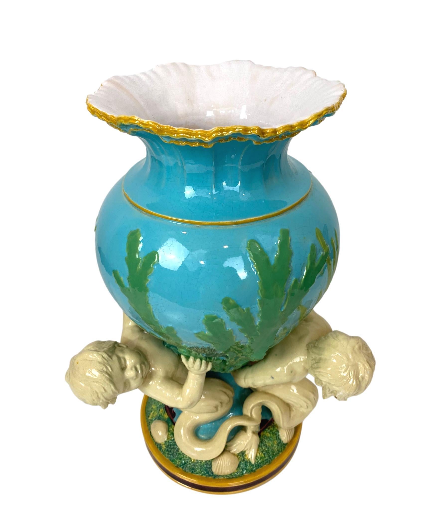 Minton Majolica Triton Marine Vase in Green, Turquoise, and Pink, ca. 1855 7