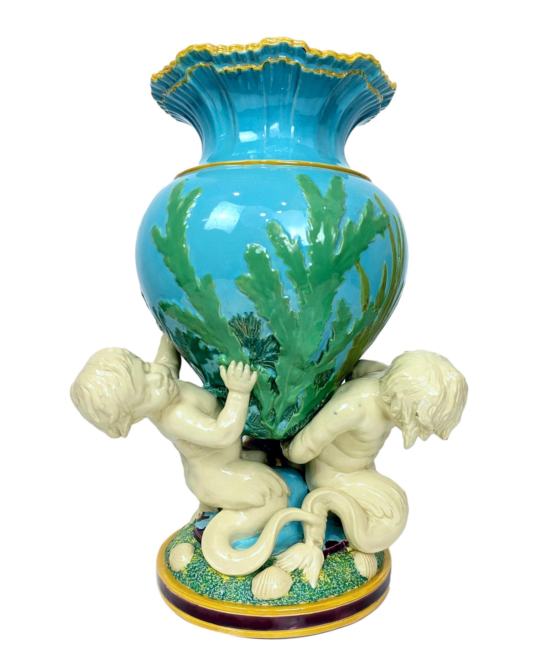 Large 17-inch Minton Majolica 'Marine Flower Vase,' Design number 526, design registered 1855. 
Modeled as Triton's Golden Palace on the Bottom of the Sea.
In Susan Weber's new three-volume tome, MAJOLICA MANIA, published by Yale University Press,
