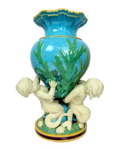 Minton Majolica Triton Marine Vase in Green, Turquoise, and Pink, ca. 1855