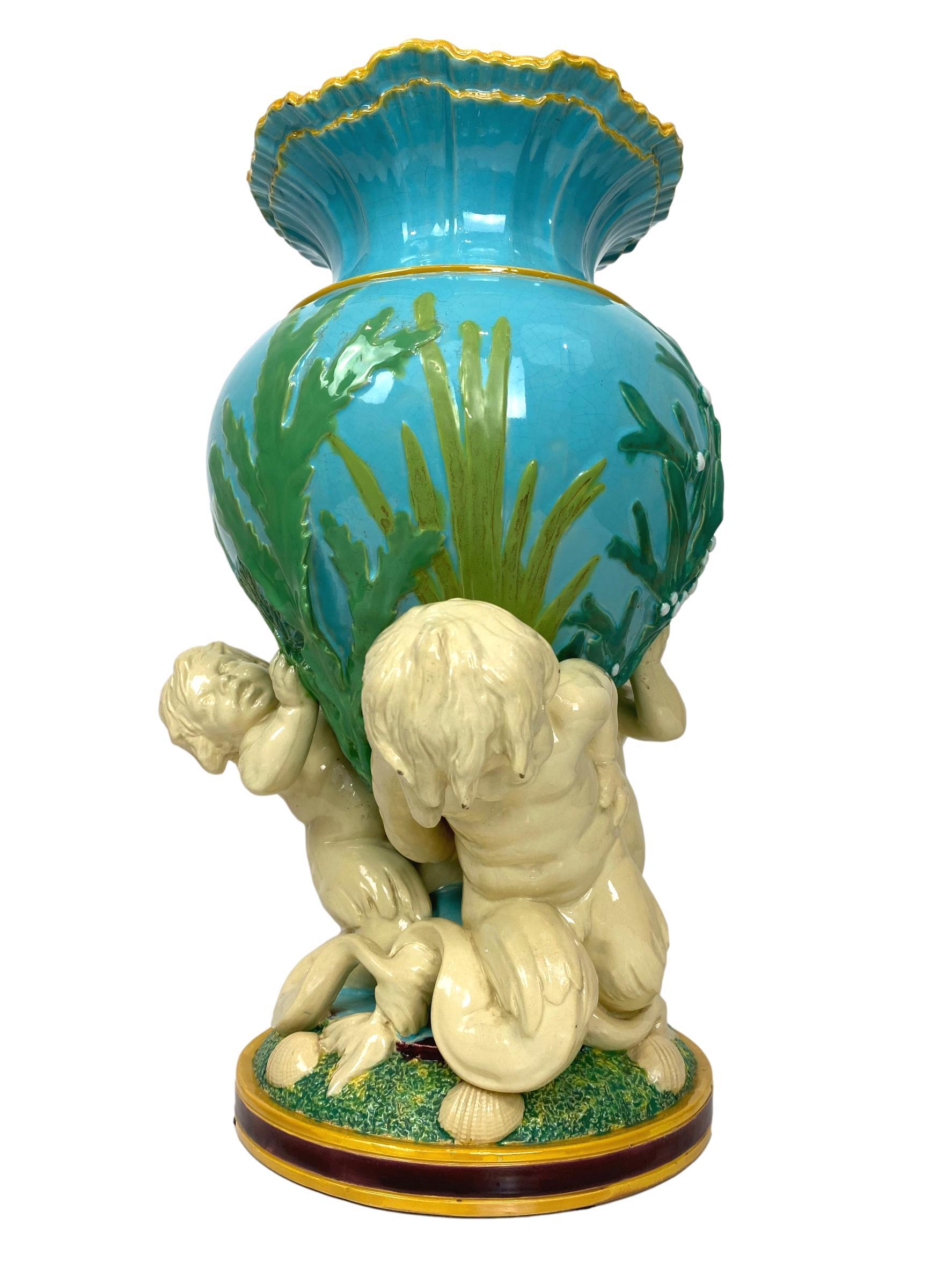 Victorian Minton Majolica Triton Marine Vase in Green, Turquoise, and Pink, ca. 1855
