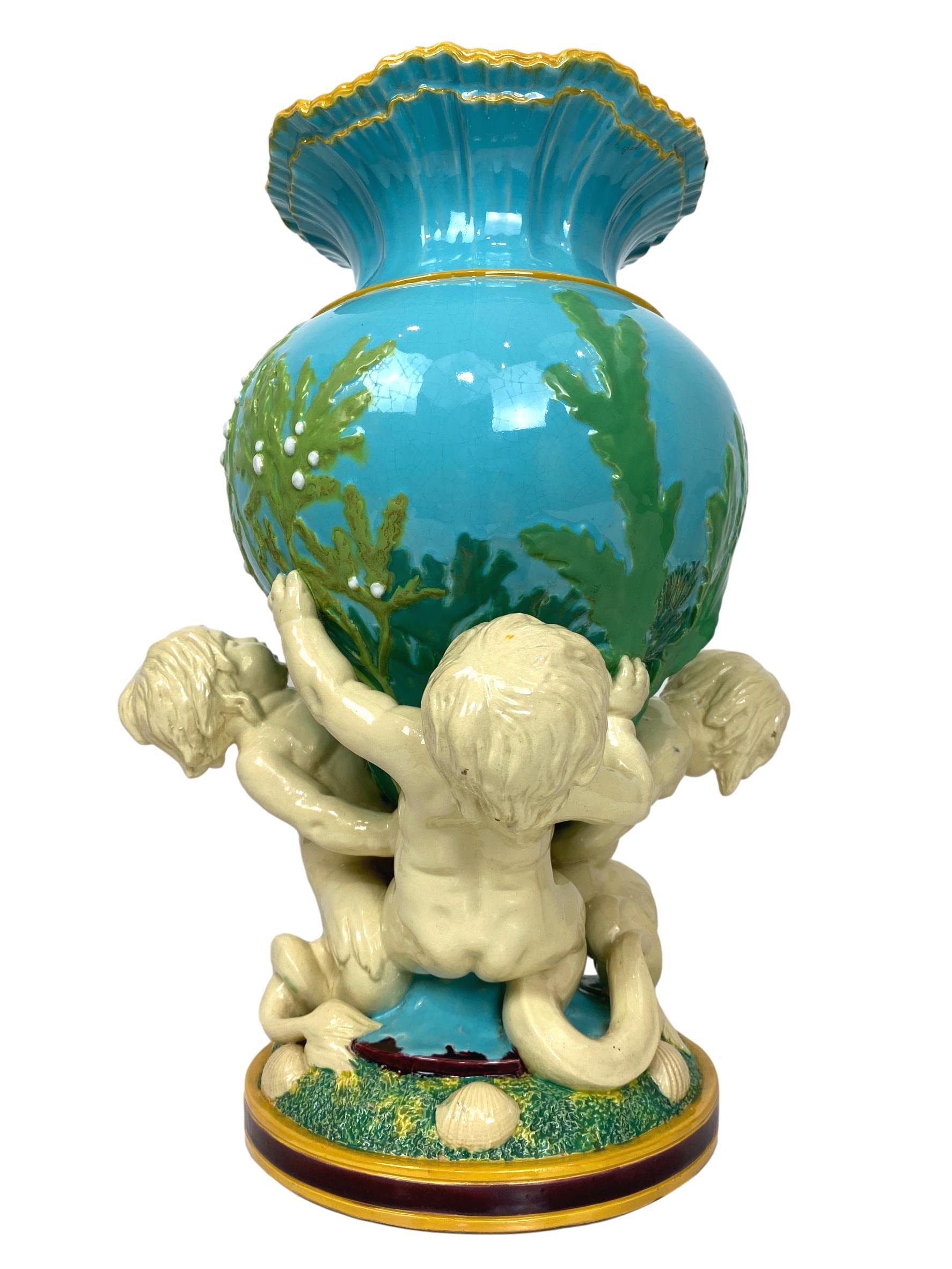 English Minton Majolica Triton Marine Vase in Green, Turquoise, and Pink, ca. 1855