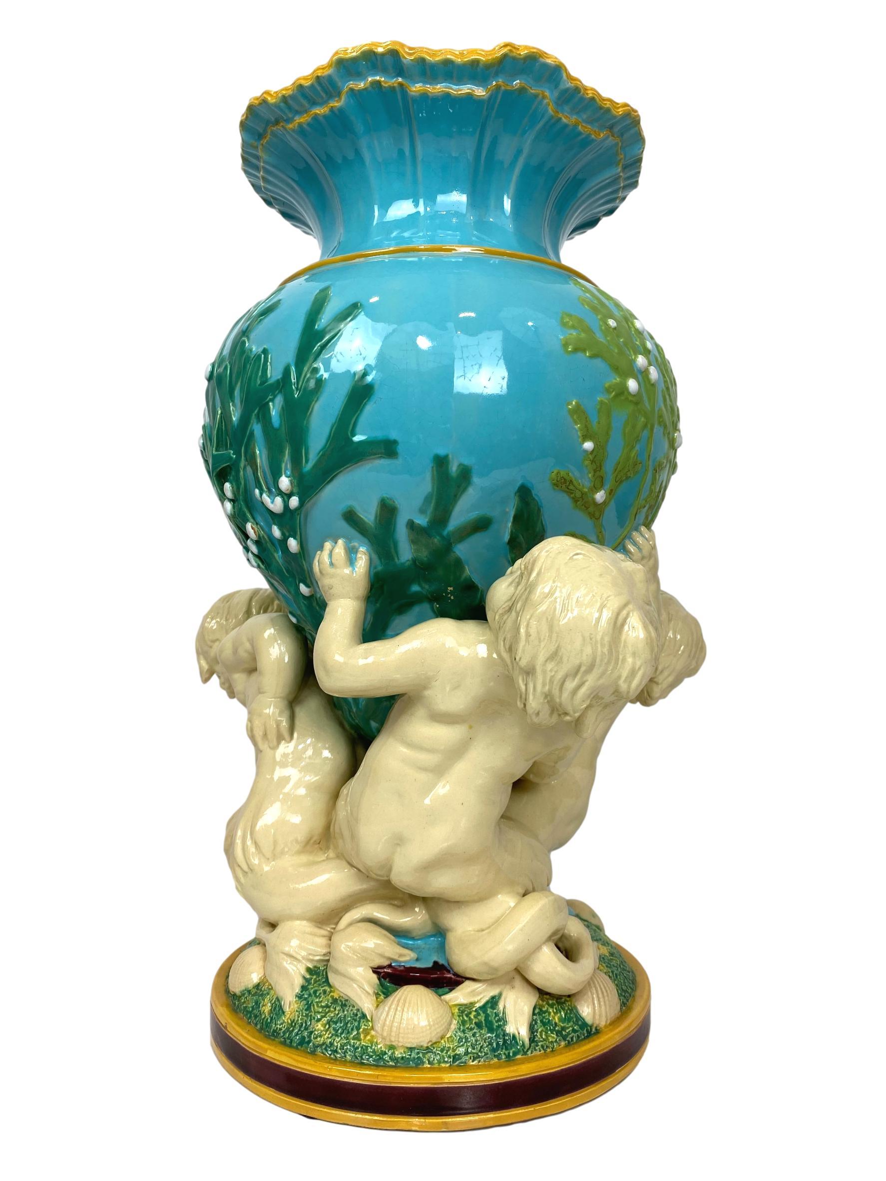 Molded Minton Majolica Triton Marine Vase in Green, Turquoise, and Pink, ca. 1855