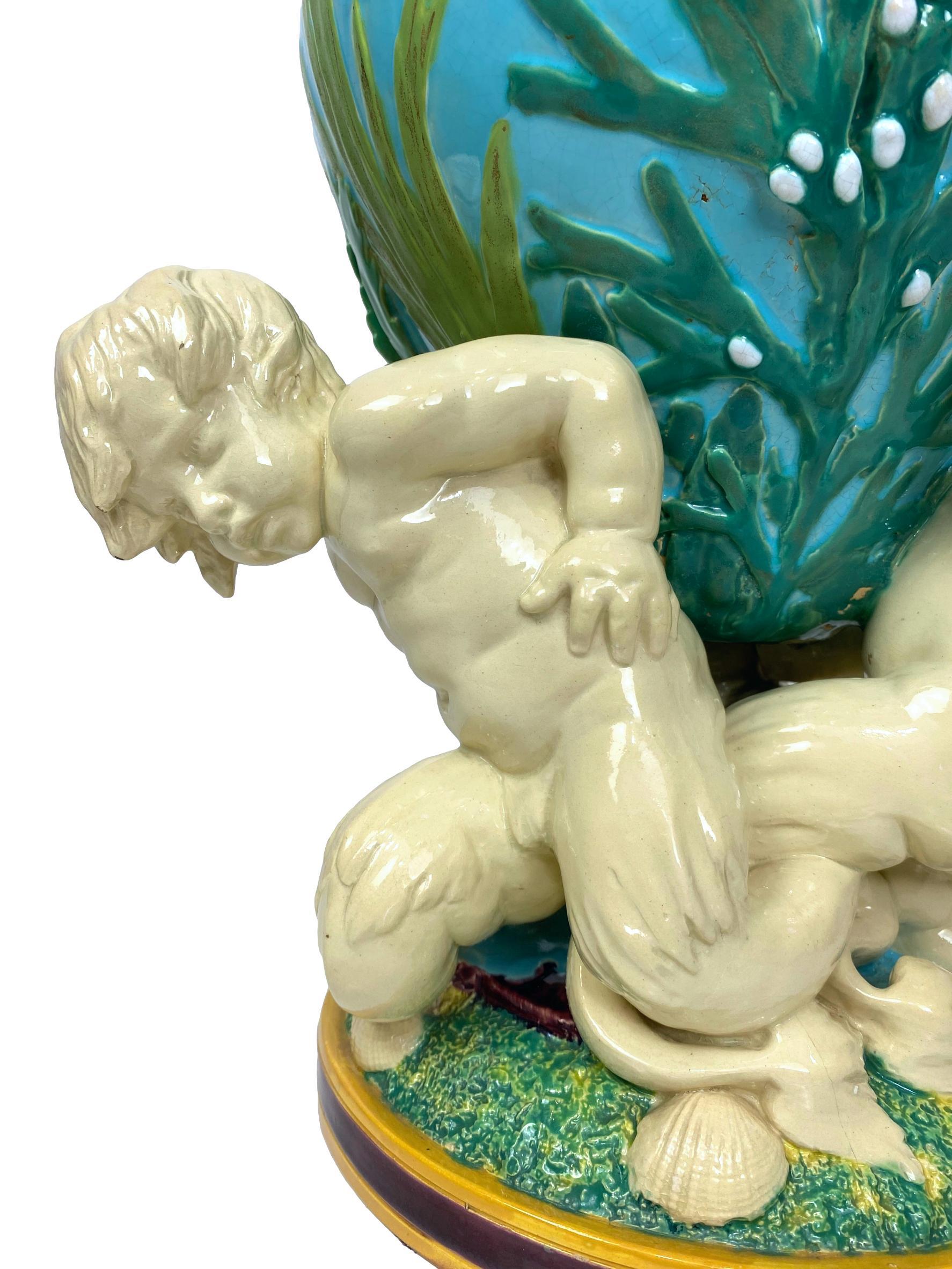 Minton Majolica Triton Marine Vase in Green, Turquoise, and Pink, ca. 1855 In Good Condition In Banner Elk, NC