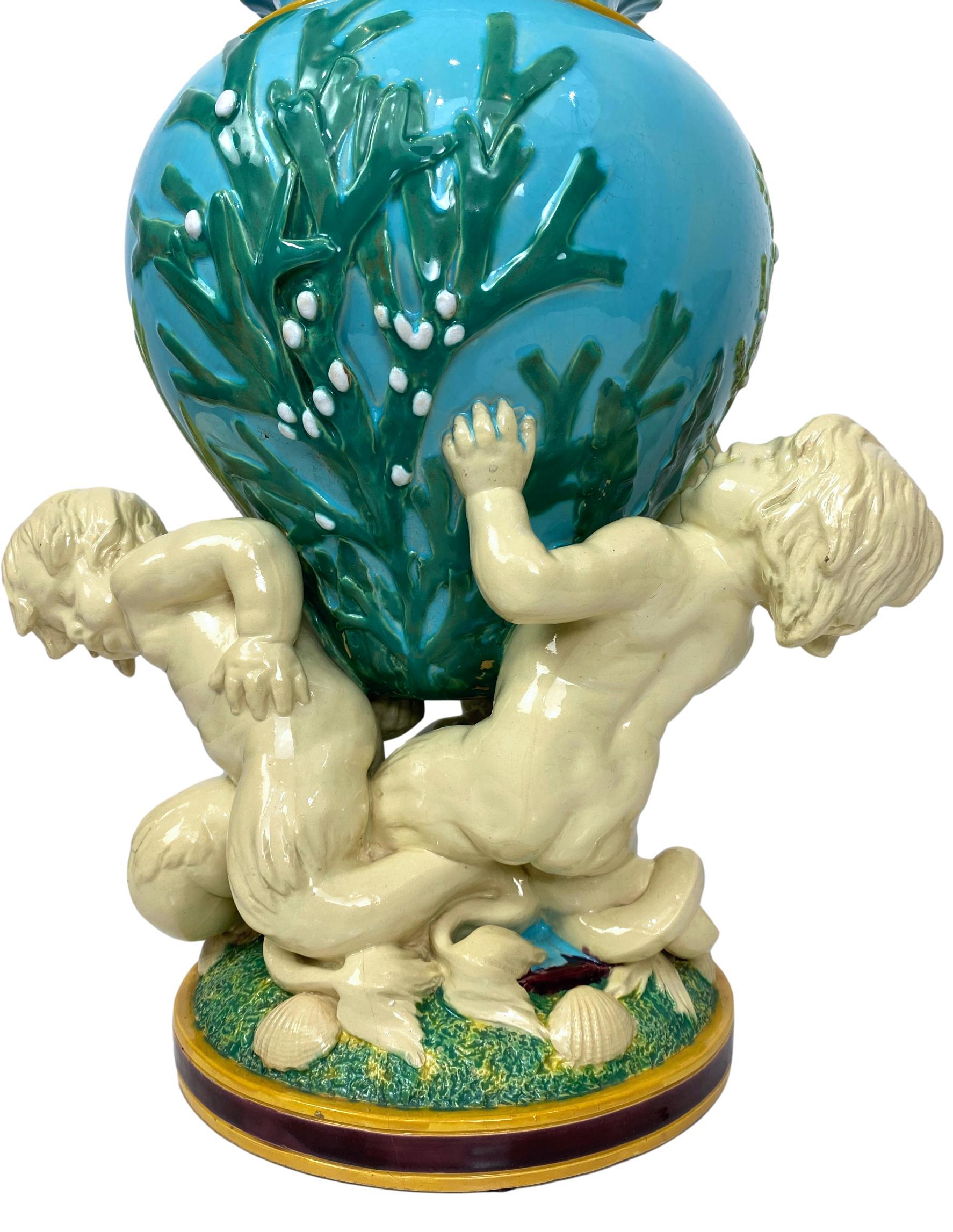 19th Century Minton Majolica Triton Marine Vase in Green, Turquoise, and Pink, ca. 1855