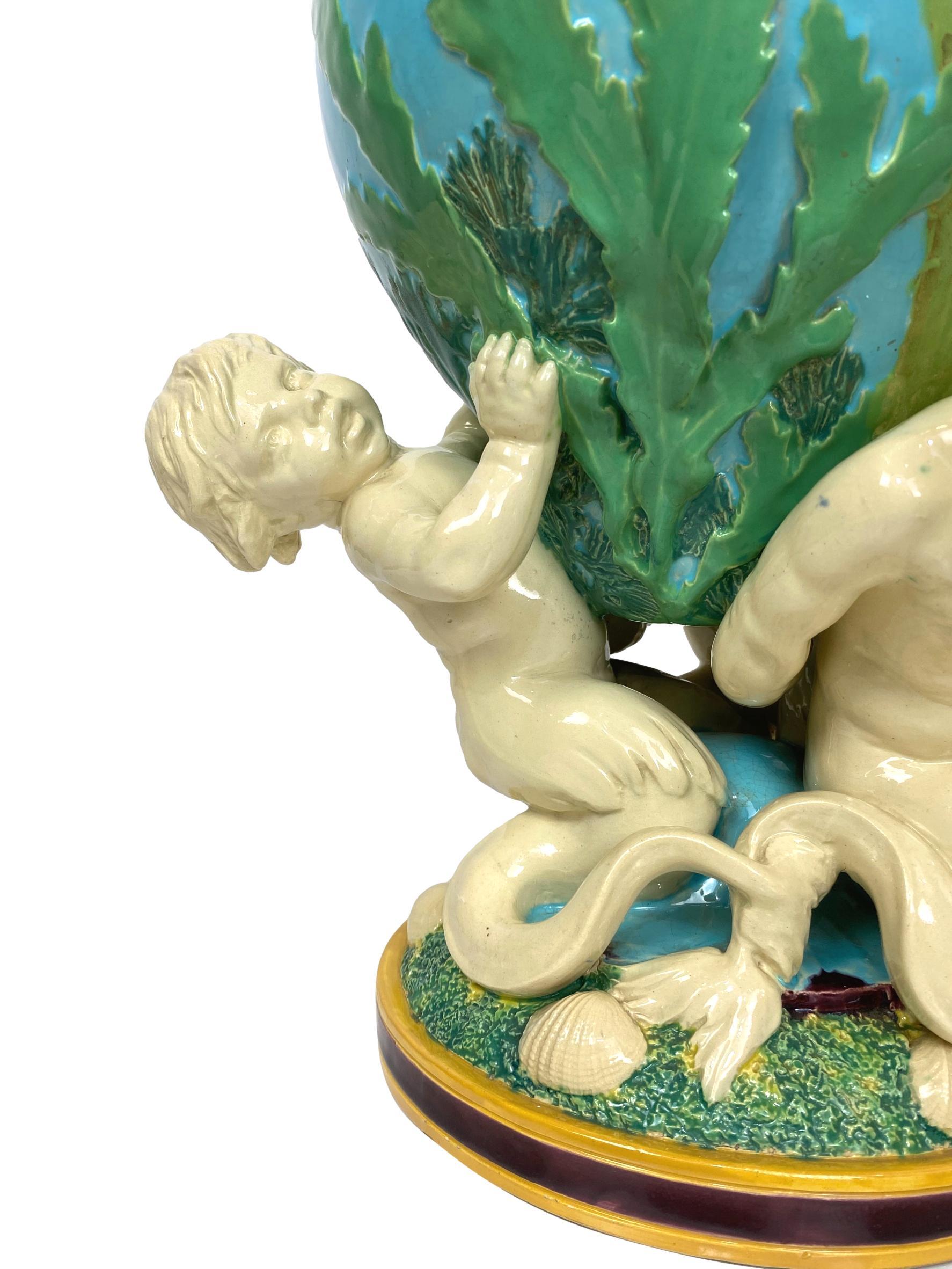 Minton Majolica Triton Marine Vase in Green, Turquoise, and Pink, ca. 1855 1
