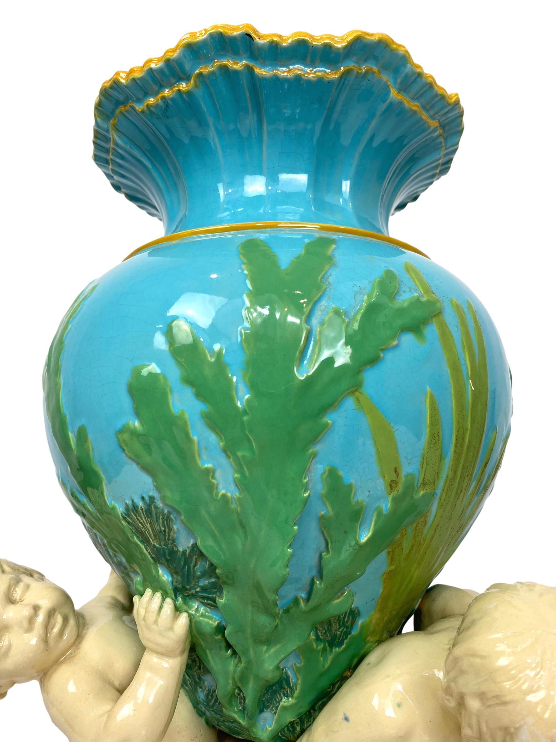 Minton Majolica Triton Marine Vase in Green, Turquoise, and Pink, ca. 1855 2