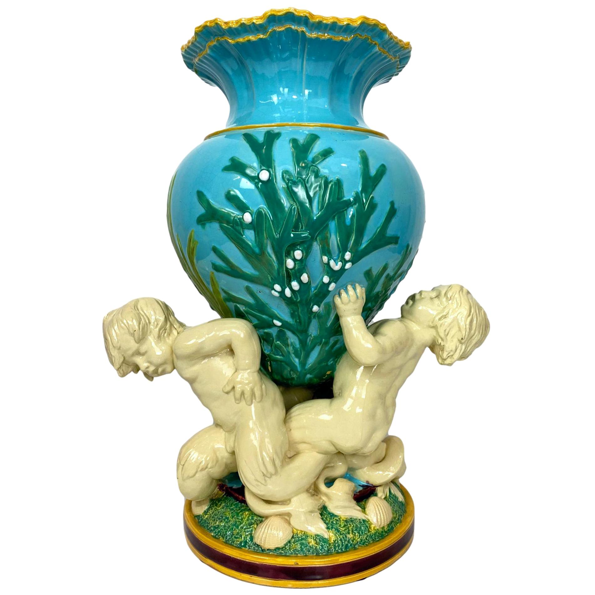 Minton Majolica Triton Marine Vase in Green, Turquoise, and Pink, ca. 1855