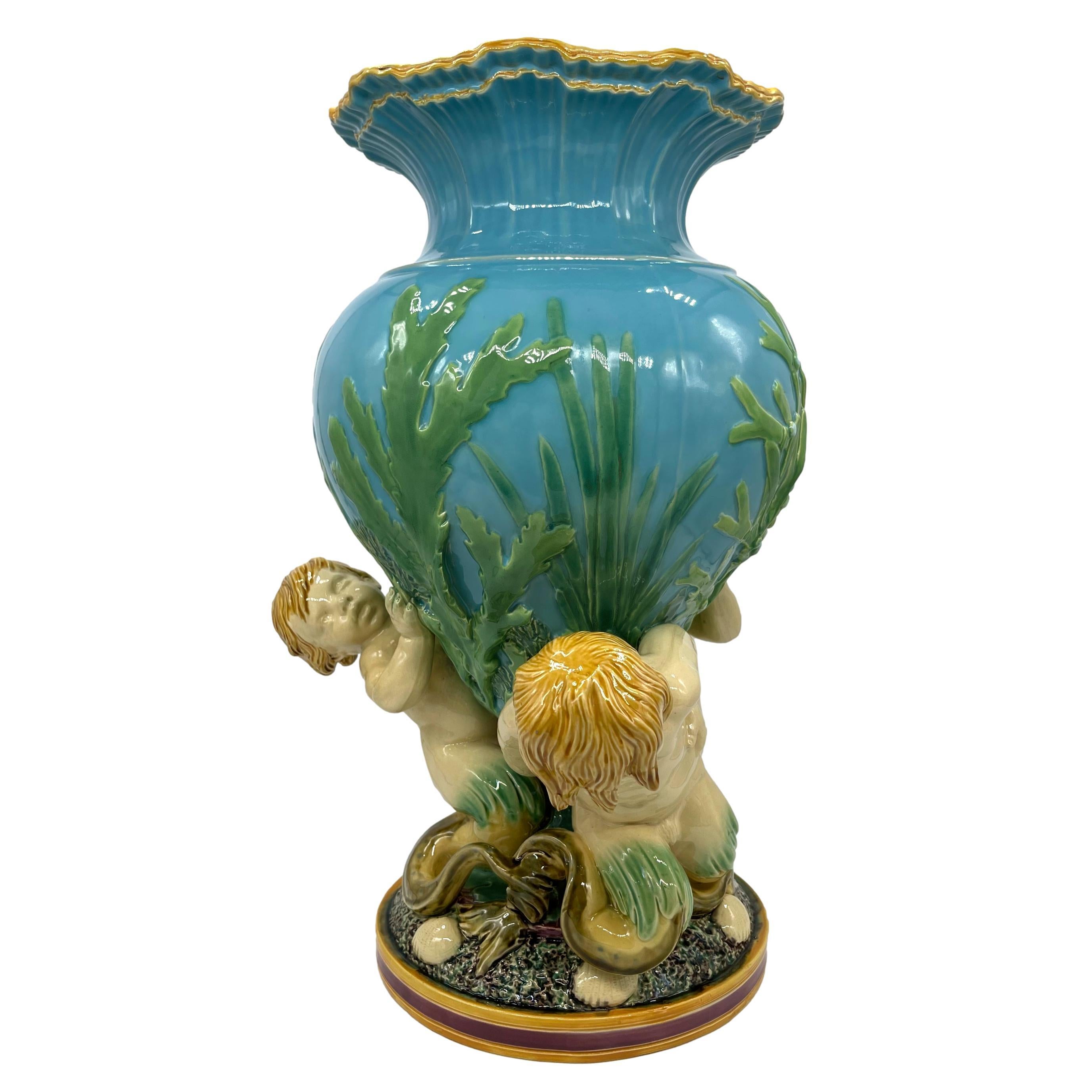 Victorian Minton Majolica Triton Marine Vase on Turquoise Ground, Dated 1868