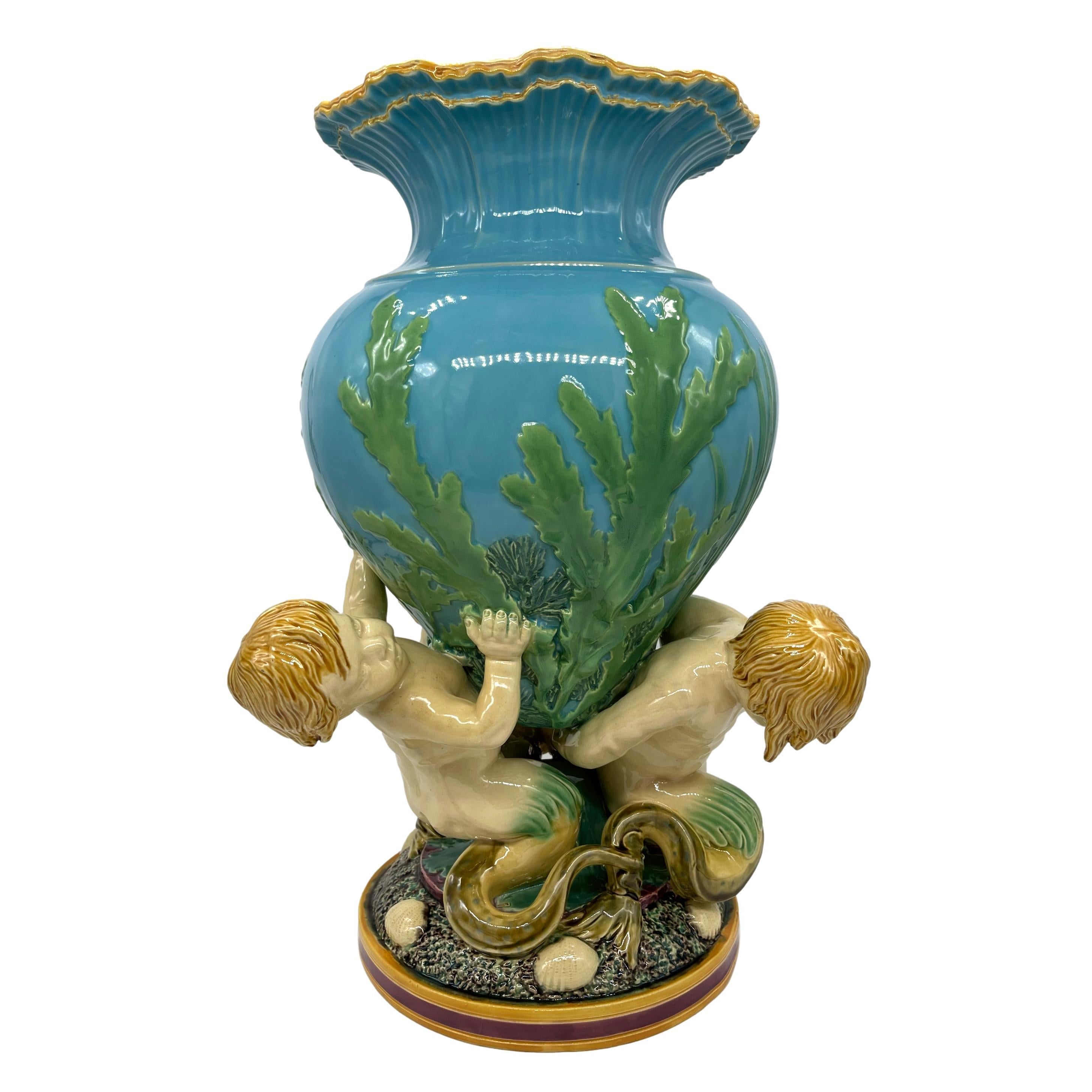 English Minton Majolica Triton Marine Vase on Turquoise Ground, Dated 1868