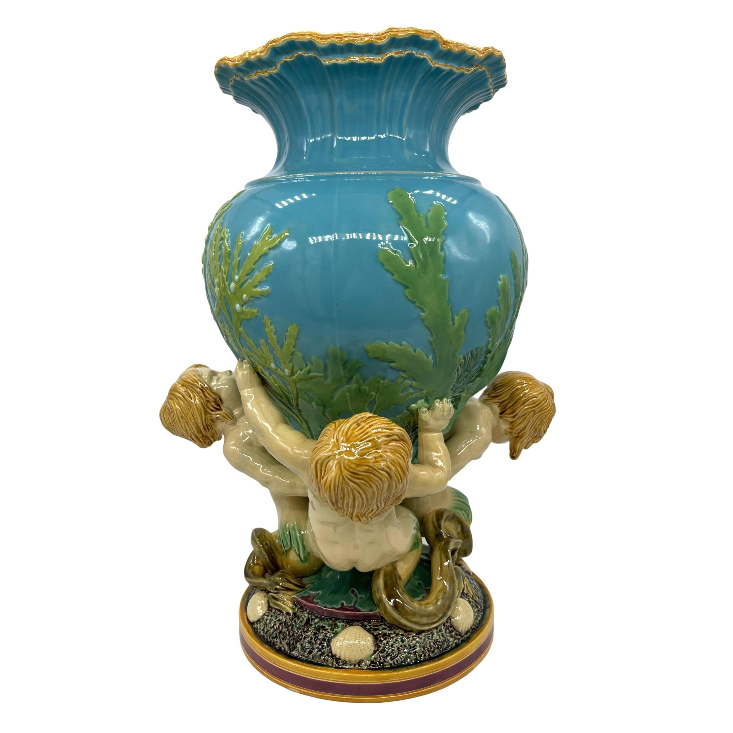 Molded Minton Majolica Triton Marine Vase on Turquoise Ground, Dated 1868