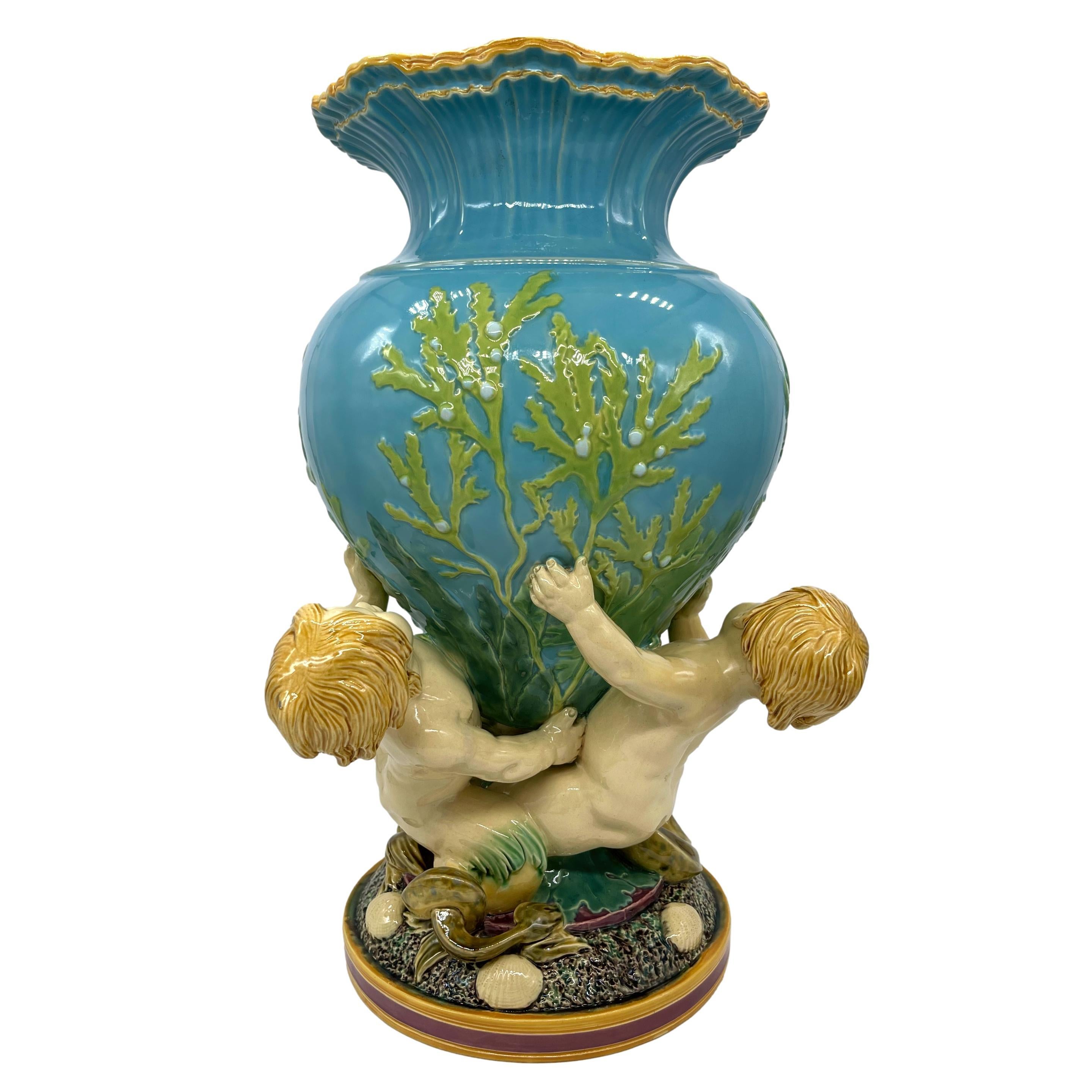 Minton Majolica Triton Marine Vase on Turquoise Ground, Dated 1868 In Good Condition In Banner Elk, NC