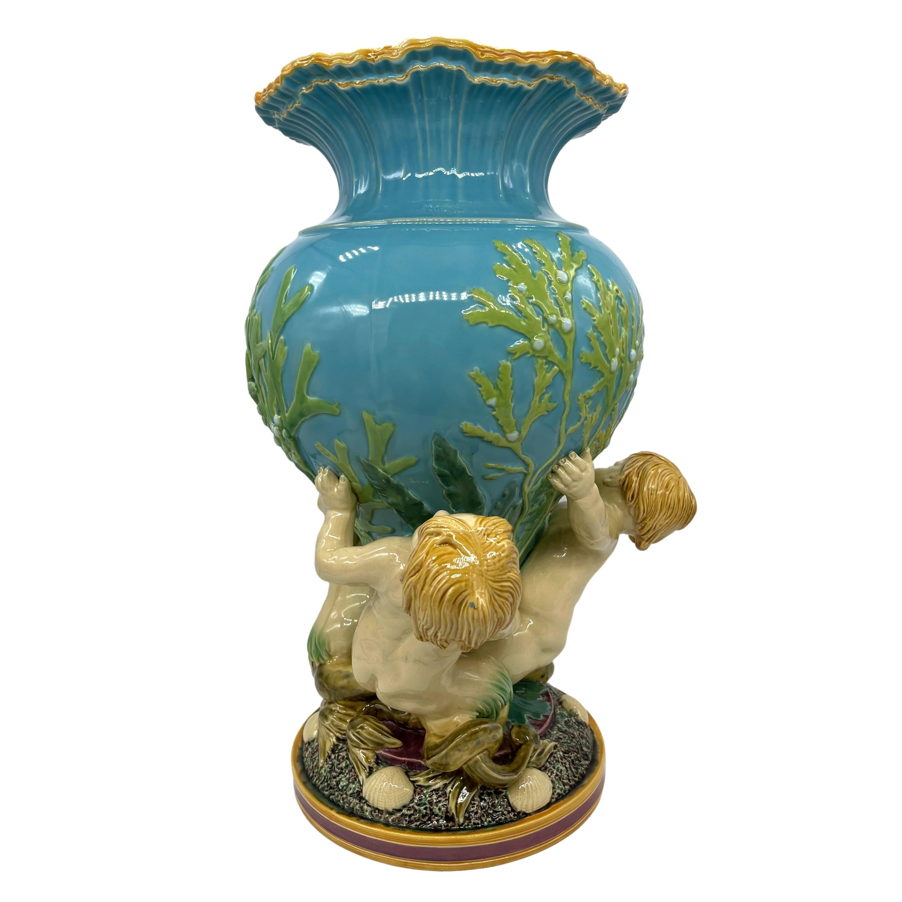 19th Century Minton Majolica Triton Marine Vase on Turquoise Ground, Dated 1868