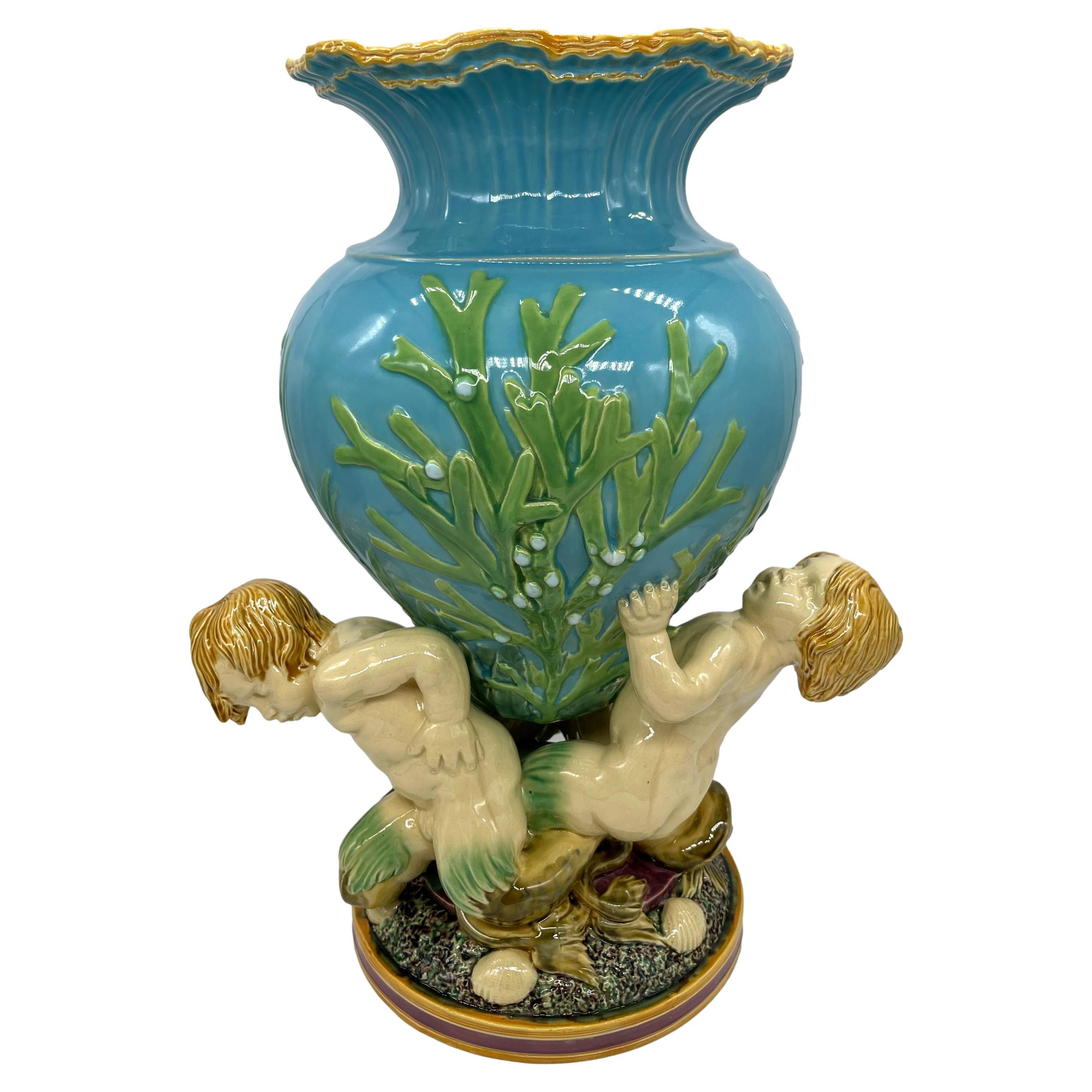 Minton Majolica Triton Marine Vase on Turquoise Ground, Dated 1868