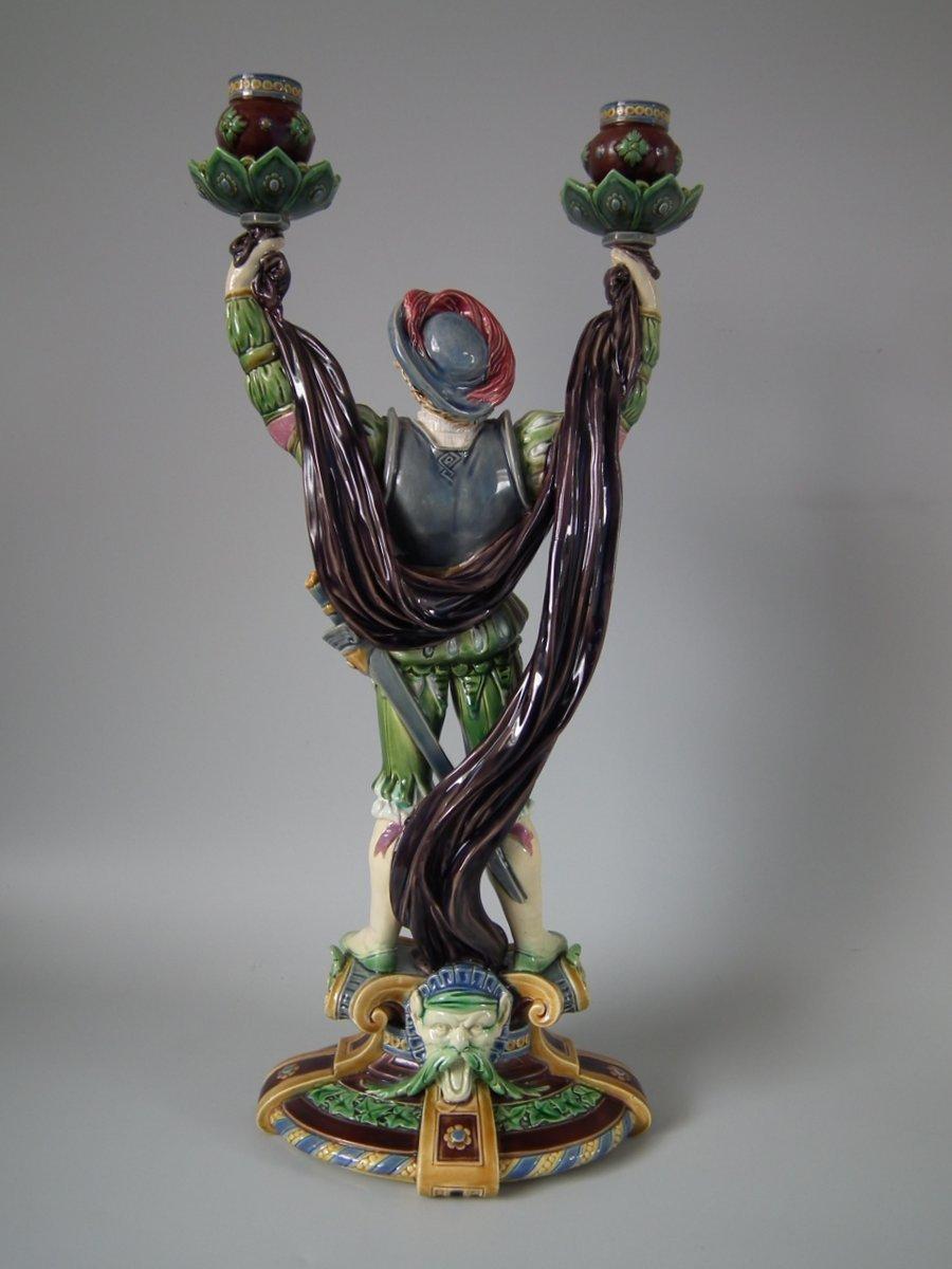 Glazed Minton Majolica Tudor Figure Candelabra For Sale