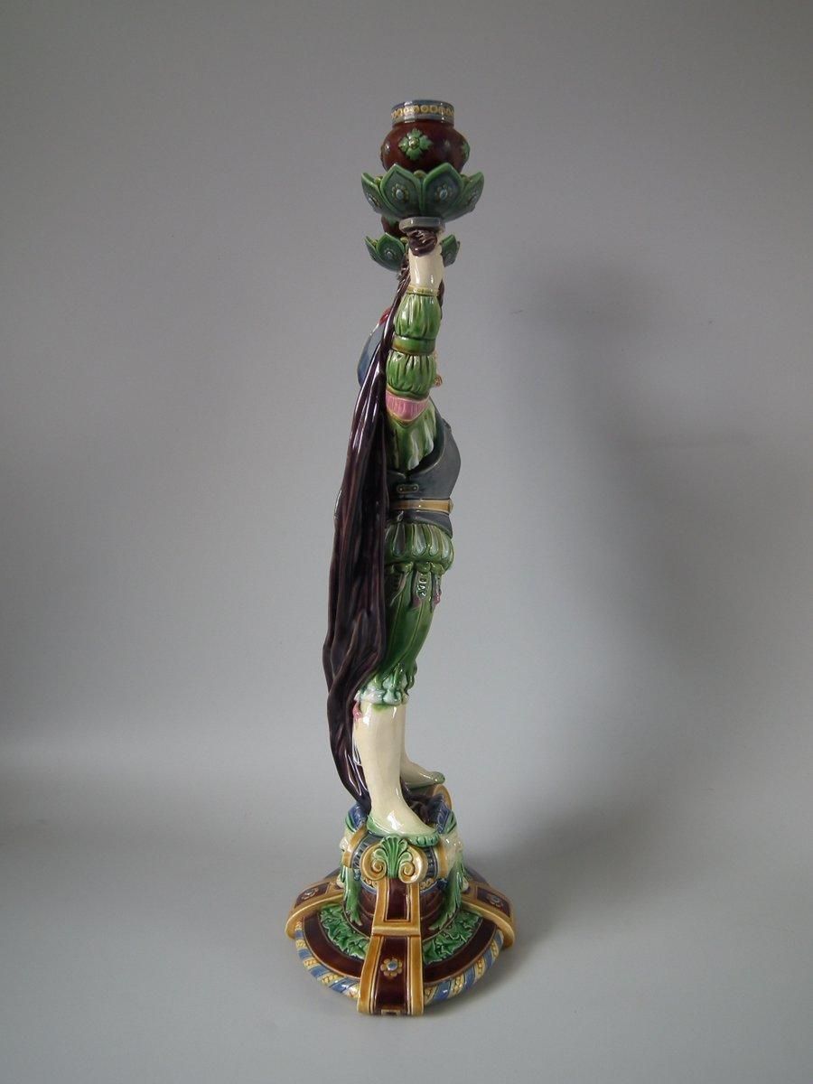 Minton Majolica Tudor Figure Candelabra In Good Condition For Sale In Chelmsford, Essex