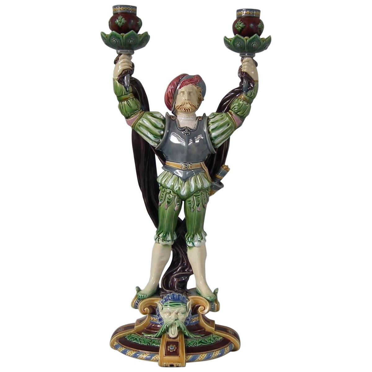 Minton Majolica Tudor Figure Candelabra For Sale