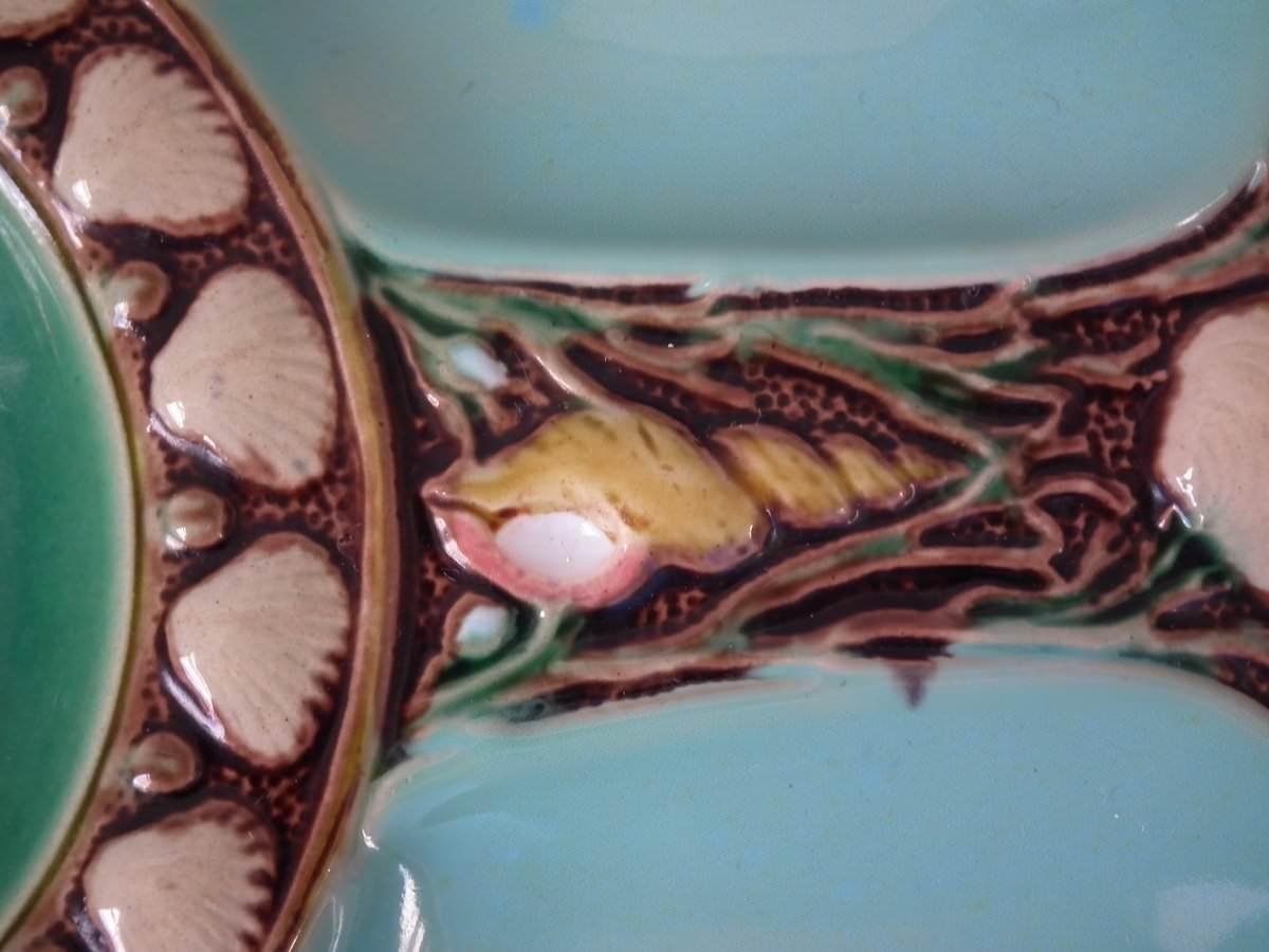 English Minton Majolica Turquoise 6 Well Oyster Plate