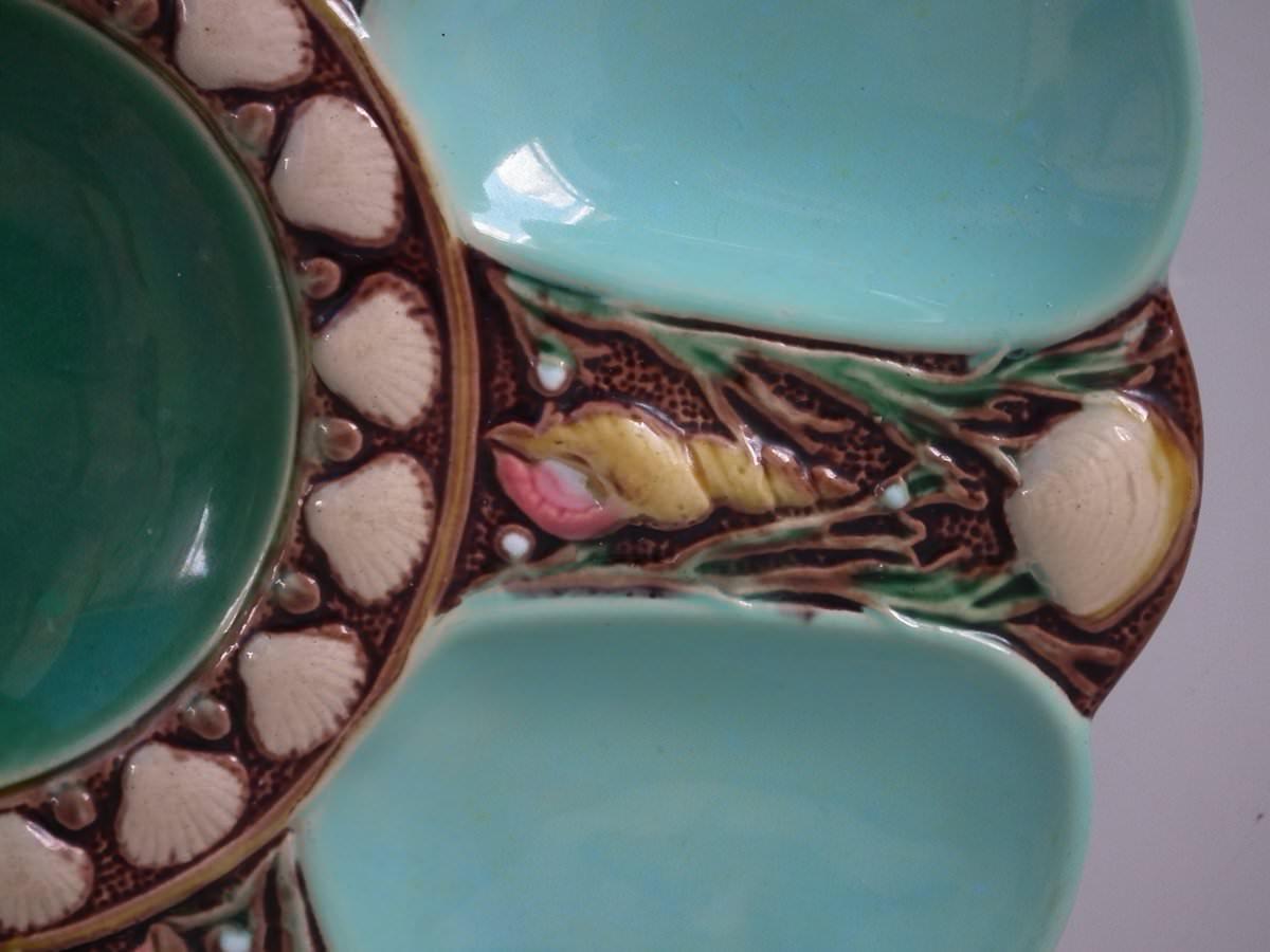 Minton Majolica Turquoise 6 Well Oyster Plate In Good Condition In Chelmsford, Essex