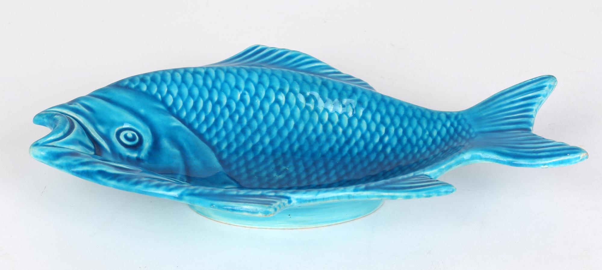 Minton Majolica Turquoise Glazed Pottery Fish Shaped Serving Dish Dated 1872 In Good Condition In Bishop's Stortford, Hertfordshire