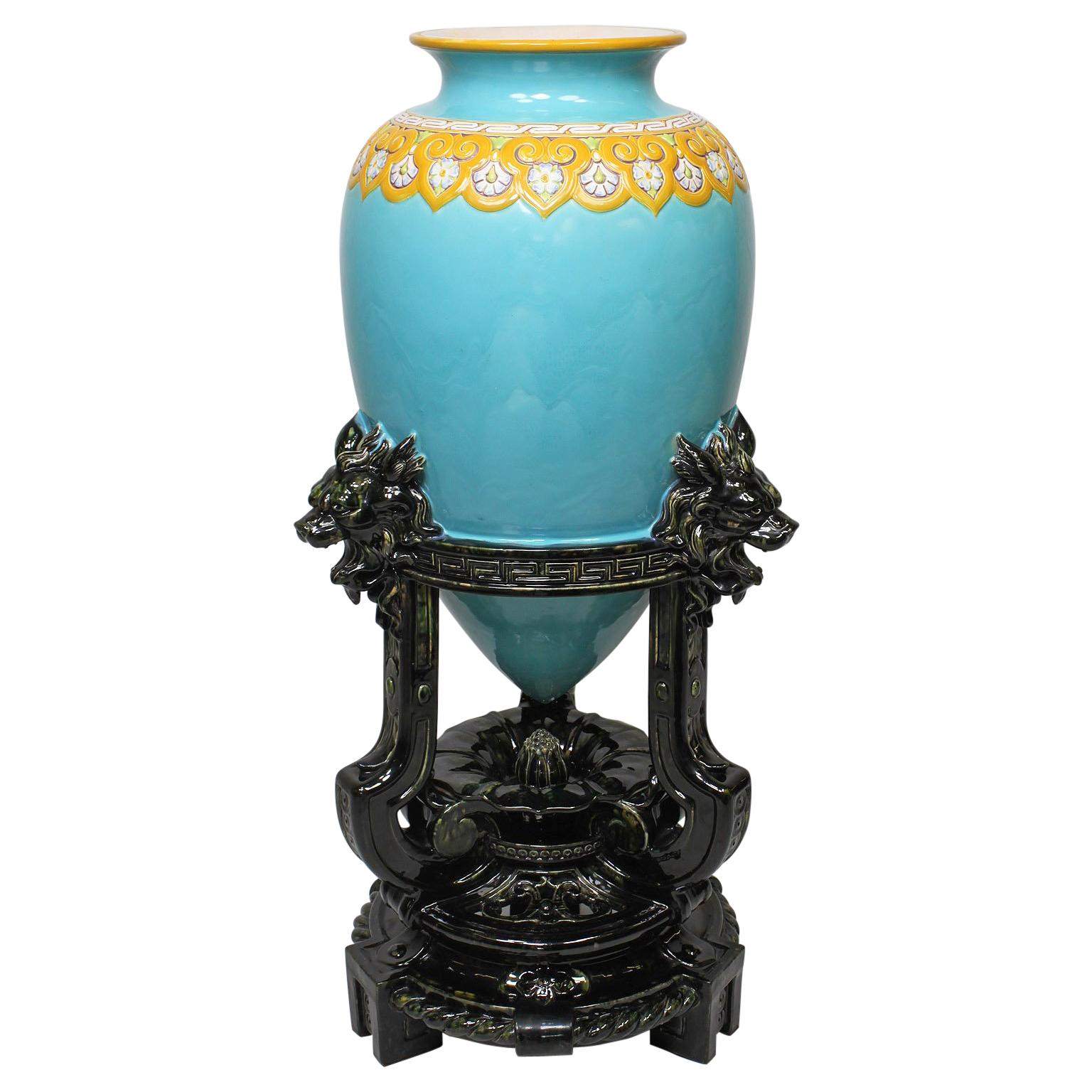 Minton Majolica Turquoise-Ground "Chinese Vase" Design Attr. Christopher Dresser