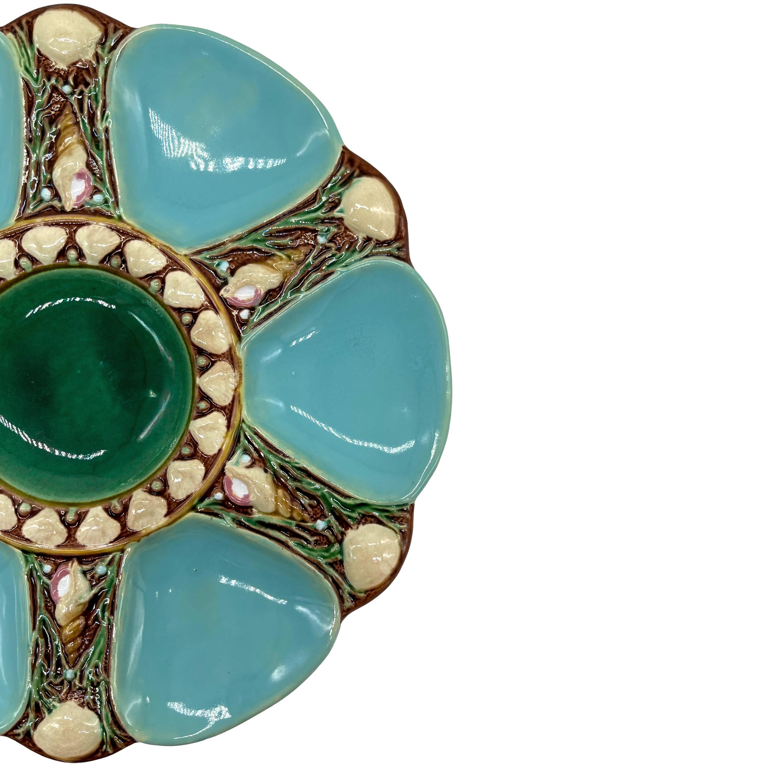 Victorian Minton Majolica Turquoise-Ground Oyster Plate, Shells and Seaweed, Dated 1873
